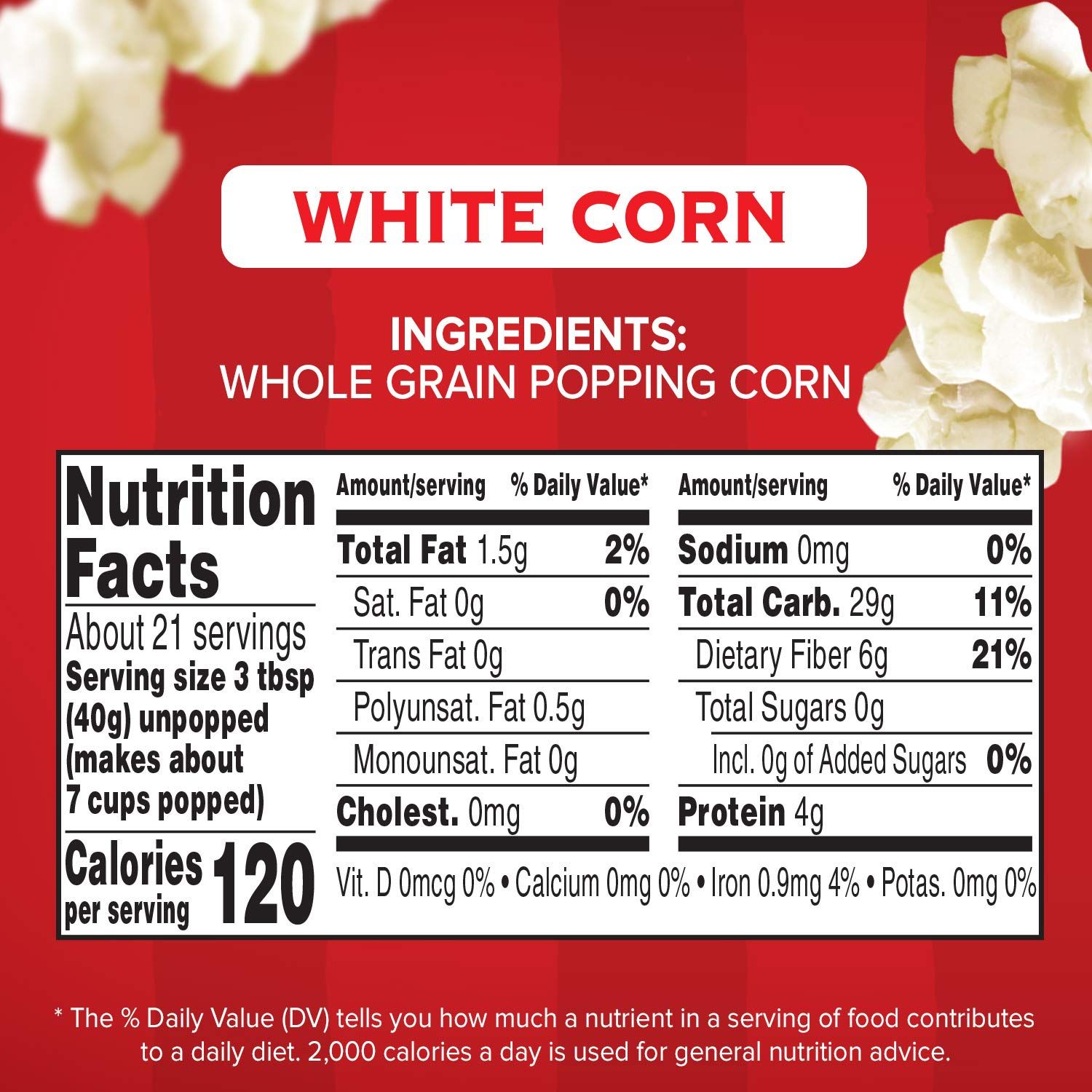 Communicates the product's simple, wholesome ingredient (whole grain popping corn) and provides detailed nutritional facts to reassure health-conscious shoppers about the product's nutritional…