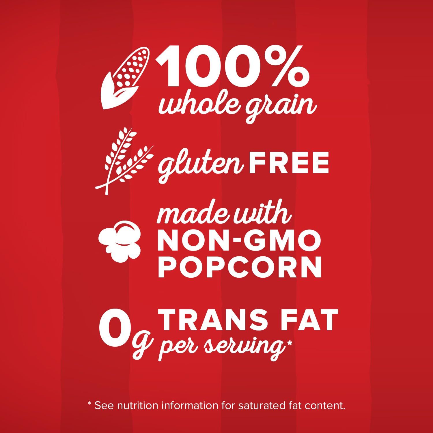 Communicates multiple health and ingredient benefits to reassure shoppers that the popcorn is wholesome, safe, and made with quality ingredients.