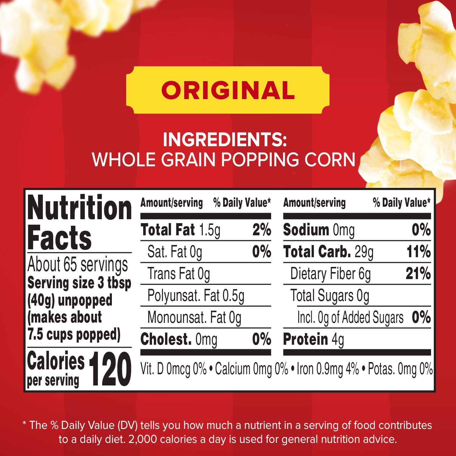 Communicates the product's simple, wholesome ingredient list (whole grain popping corn only) and provides full nutritional transparency to reassure health-conscious shoppers.