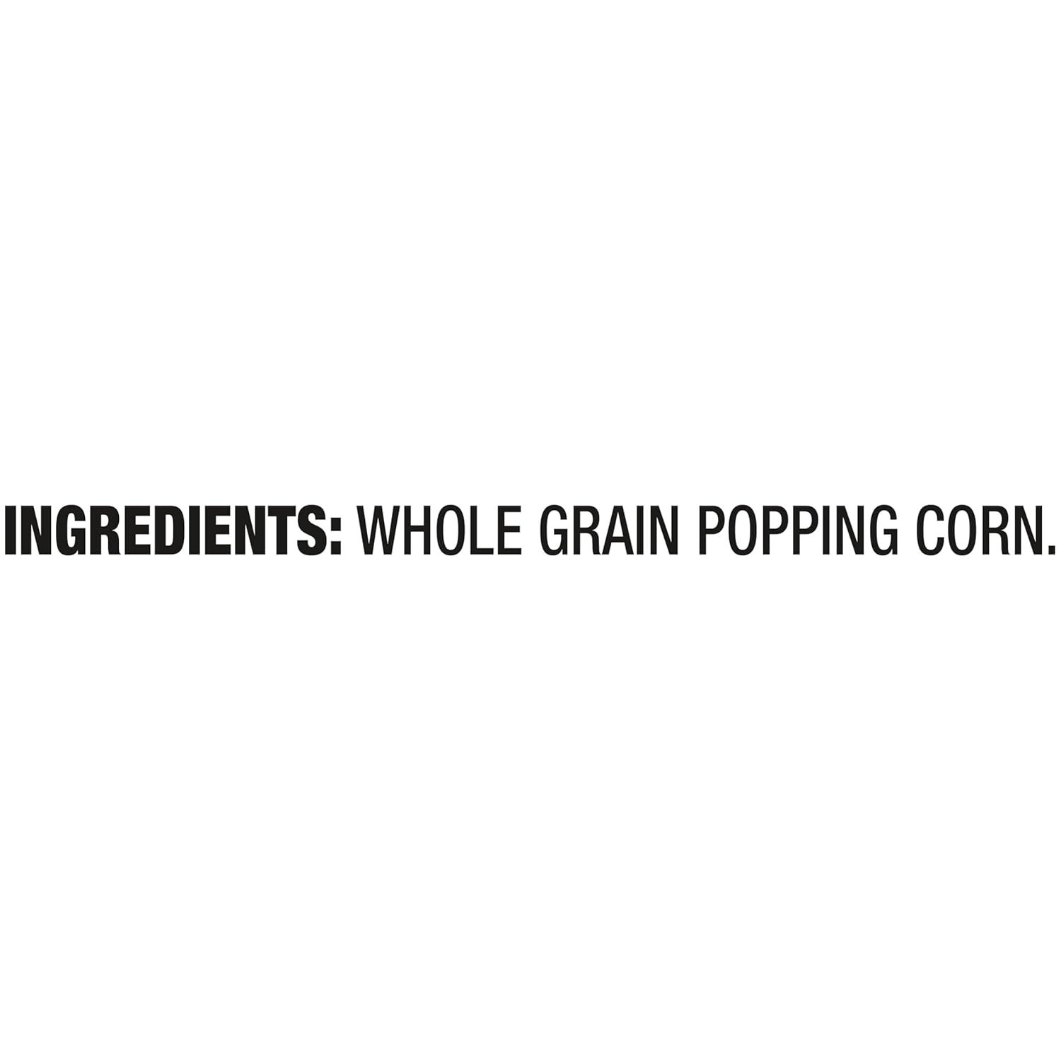 Communicates the product's clean, minimal ingredient list to reassure health-conscious shoppers that it contains only whole grain popping corn with no additives.