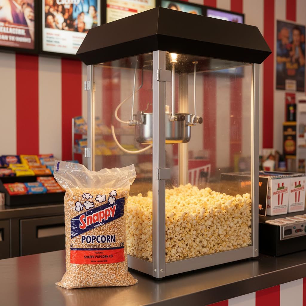 Shows the customer what is included with the purchase: the popcorn machine and a bag of Snappy brand popcorn kernels, demonstrating the product is ready to use out of the box.