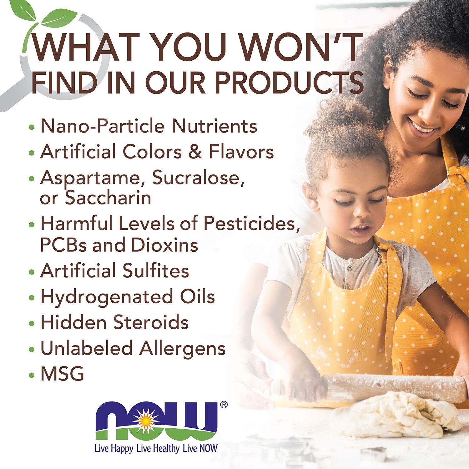 Communicates the brand's commitment to clean, safe ingredients by listing multiple harmful substances that are NOT included in their products, building trust with health-conscious shoppers.