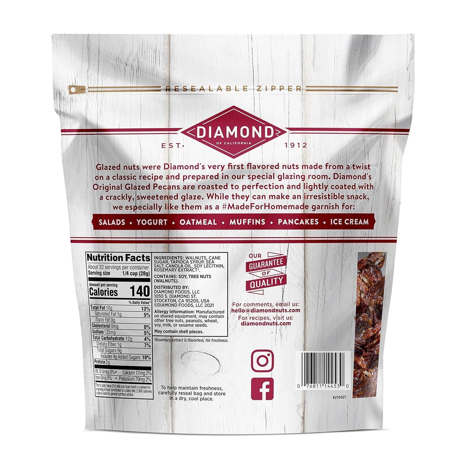 Communicates the Diamond brand's heritage (EST. 1912) and tells the origin story of their glazed pecans, building brand trust and emotional connection through storytelling about their classic recipe…