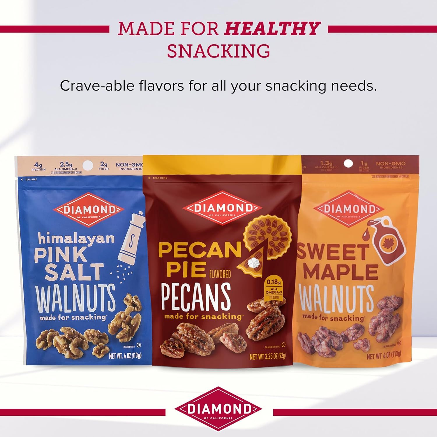 Showcases the brand's product lineup of flavored nuts to help shoppers understand the variety of options available and position the brand as offering crave-able, healthy snacking solutions.