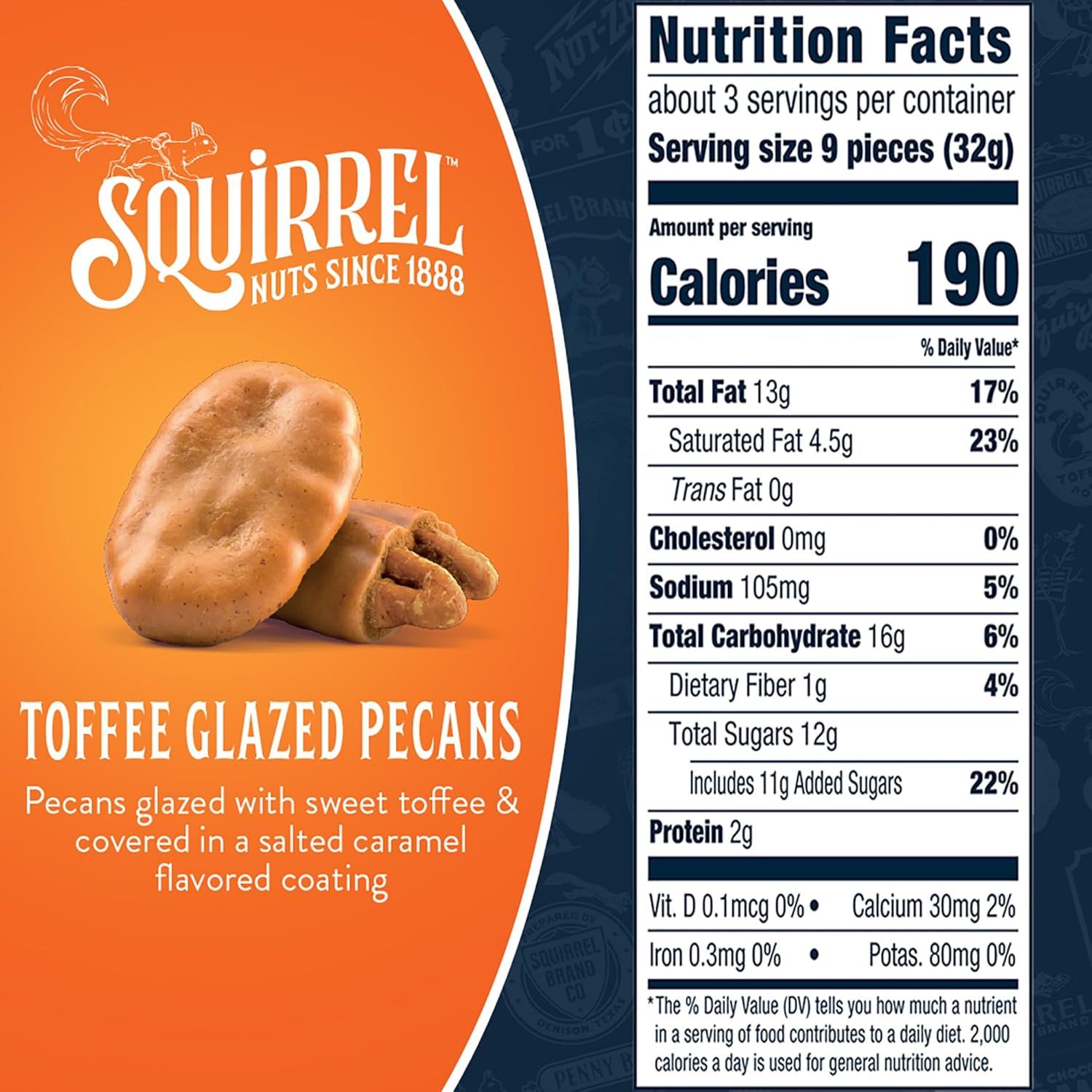 Communicates the Squirrel brand's heritage (since 1888) and provides detailed product information including nutrition facts to inform purchase decisions.