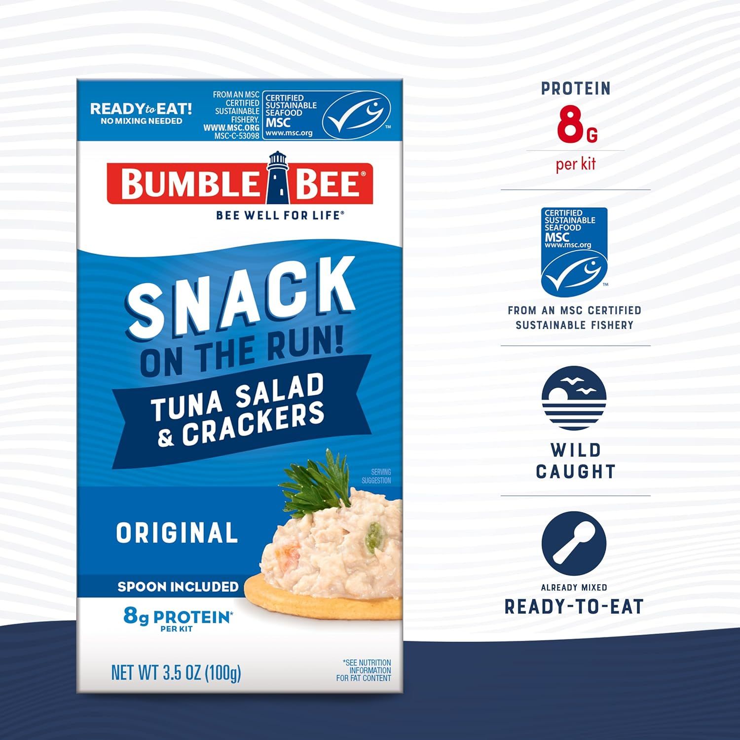 Communicates multiple key selling points including convenience (ready-to-eat), nutrition (8g protein), sustainability (MSC certified), and quality (wild caught) to appeal to health-conscious,…