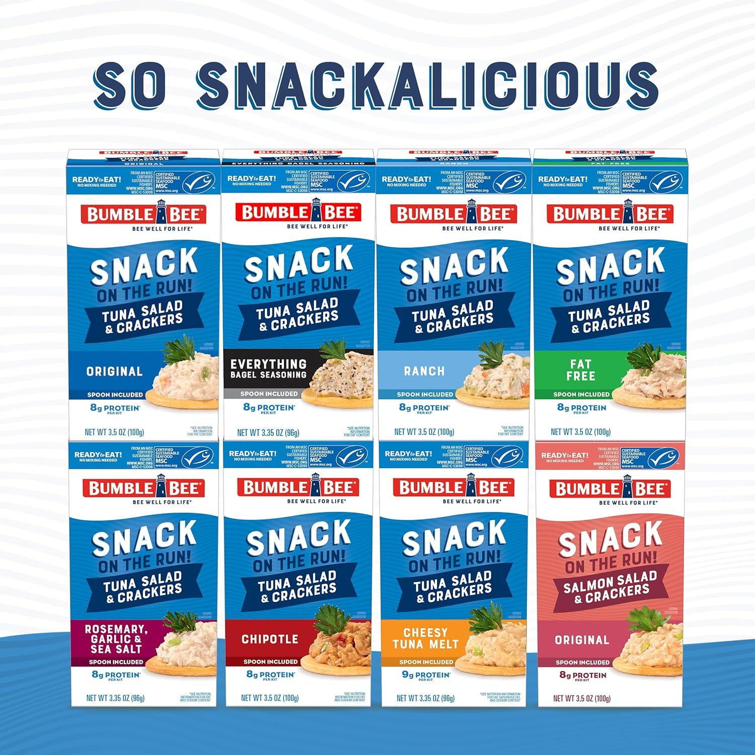 Displays the full range of Bumble Bee snack pack flavors available to help shoppers understand the variety of options and choose their preferred flavor.