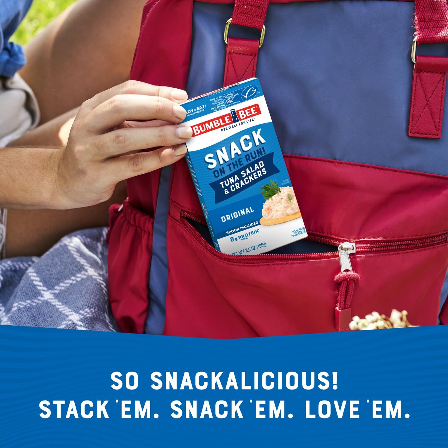 Demonstrates the product's convenience and portability as a snack option for active lifestyles, showing it being used in a real-world outdoor/travel scenario. Shows the product in a real-world…