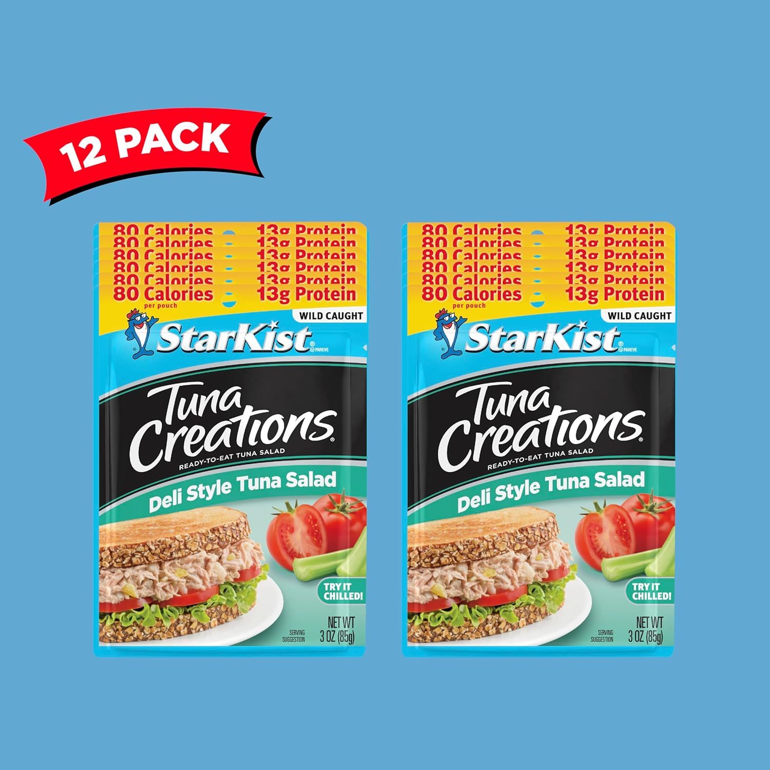 Highlights the low calorie count and high protein content to appeal to health-conscious shoppers looking for nutritious, convenient meal options. Shows the customer receives a 12-pack bundle of tuna…