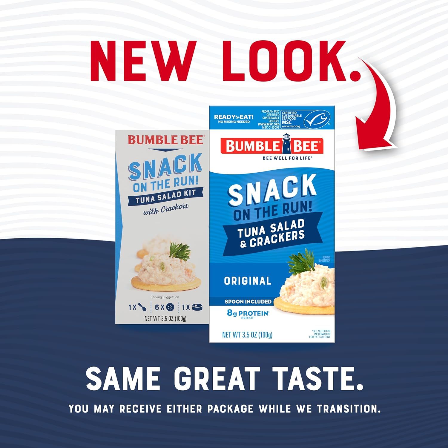 Communicates a packaging update to shoppers, reassuring them that the product inside remains the same despite the new look, and showcases the brand's product options during the transition period.