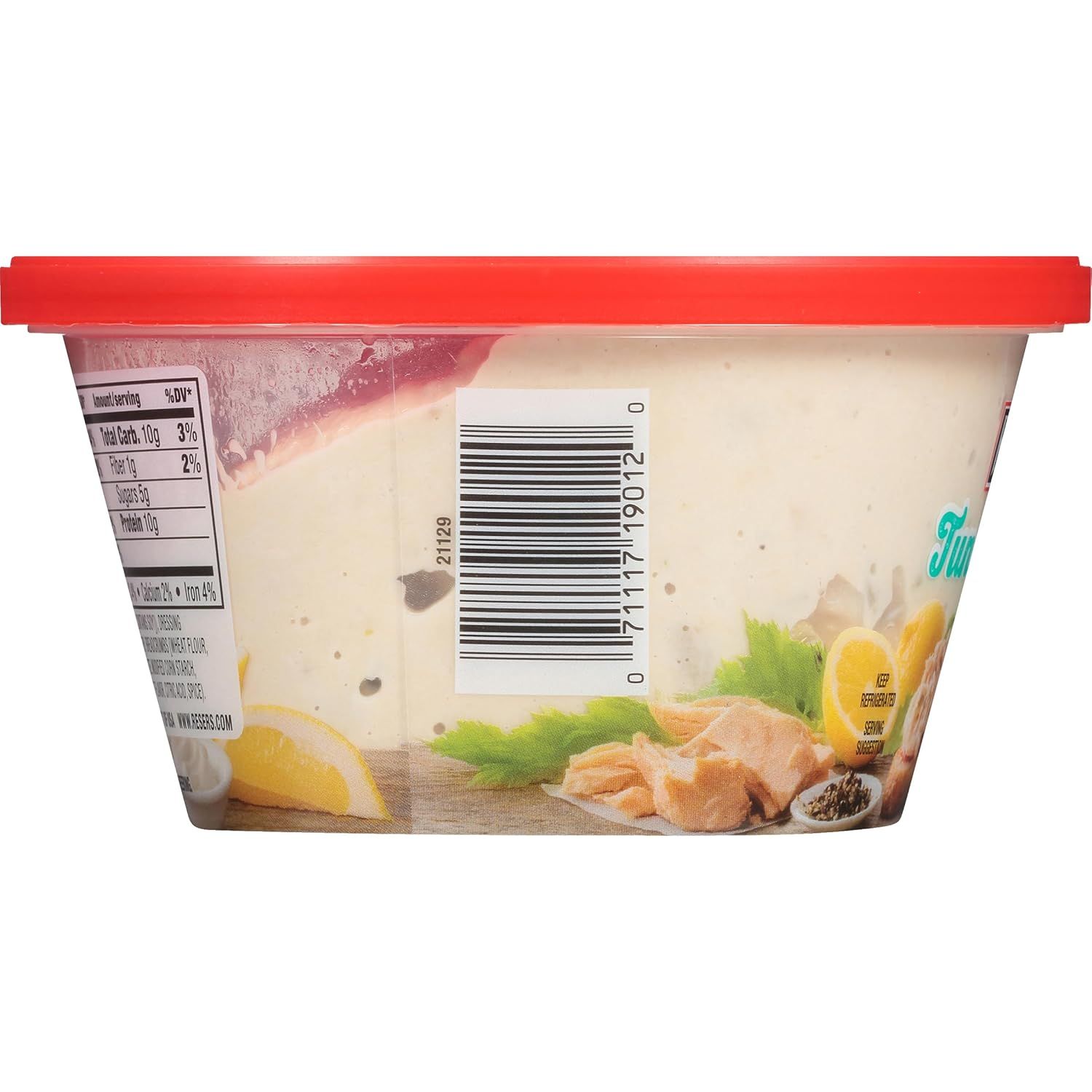 Provides a clean, catalog-style view of the food container with its red lid and packaging graphics on a white background for easy product identification.