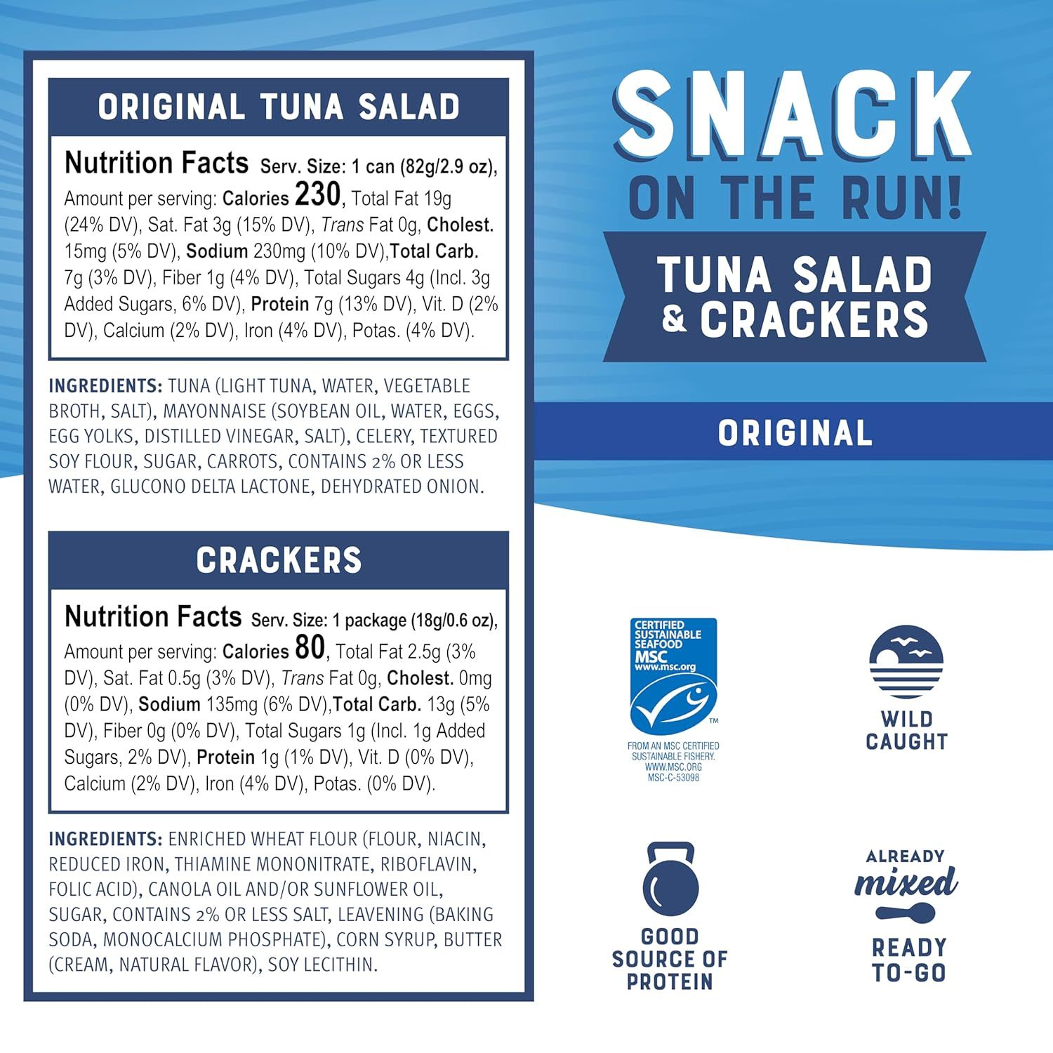 Communicates multiple selling benefits including portability, nutritional transparency, sustainability credentials (MSC certified, wild caught), protein content, and convenience (already mixed,…