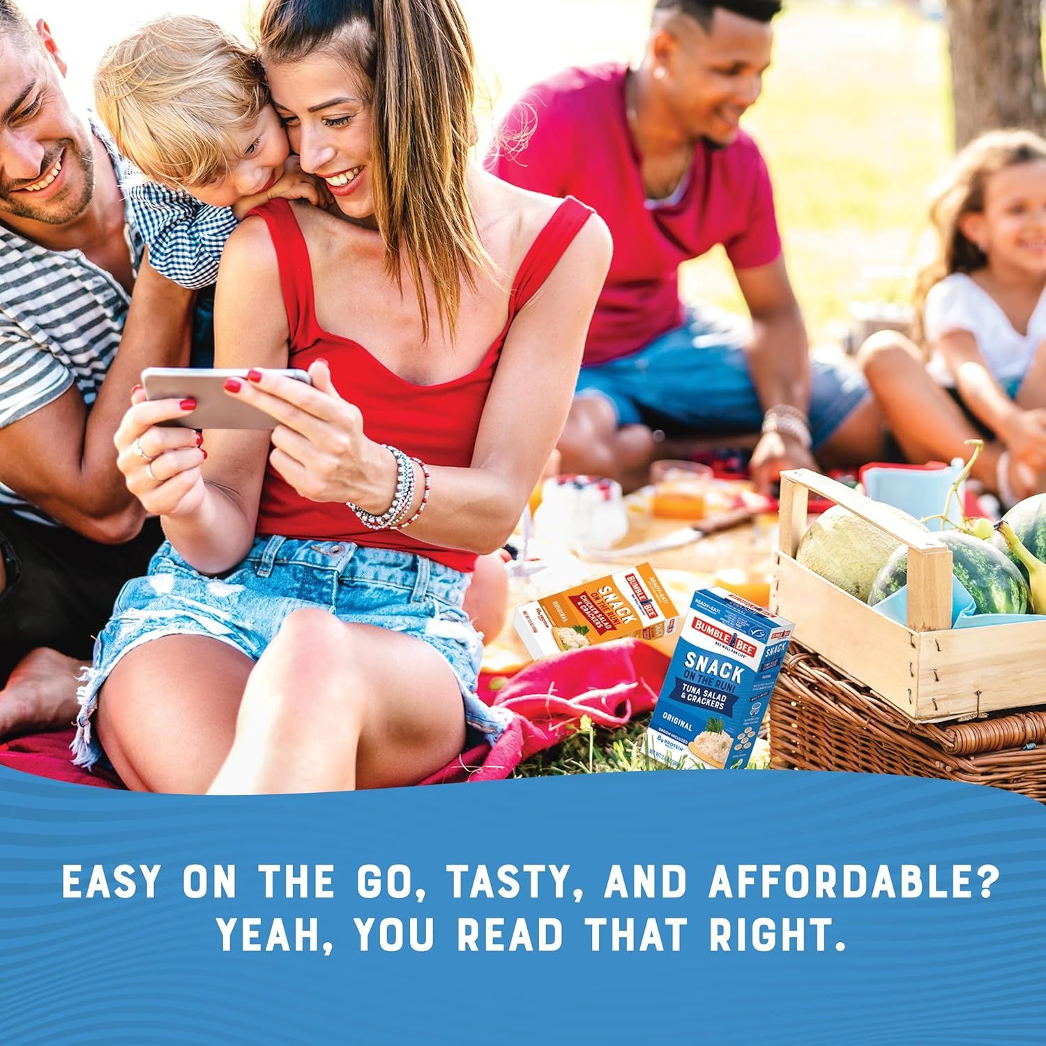 Communicates three distinct product benefits (easy on the go, tasty, and affordable) to position the snack product as a convenient, delicious, and budget-friendly choice for families and outdoor…