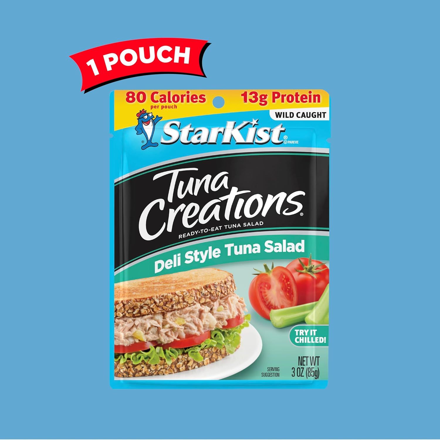 Highlights the nutritional benefits of the product by prominently displaying 80 calories and 13g protein per pouch to appeal to health-conscious shoppers. Communicates the product's health benefits…