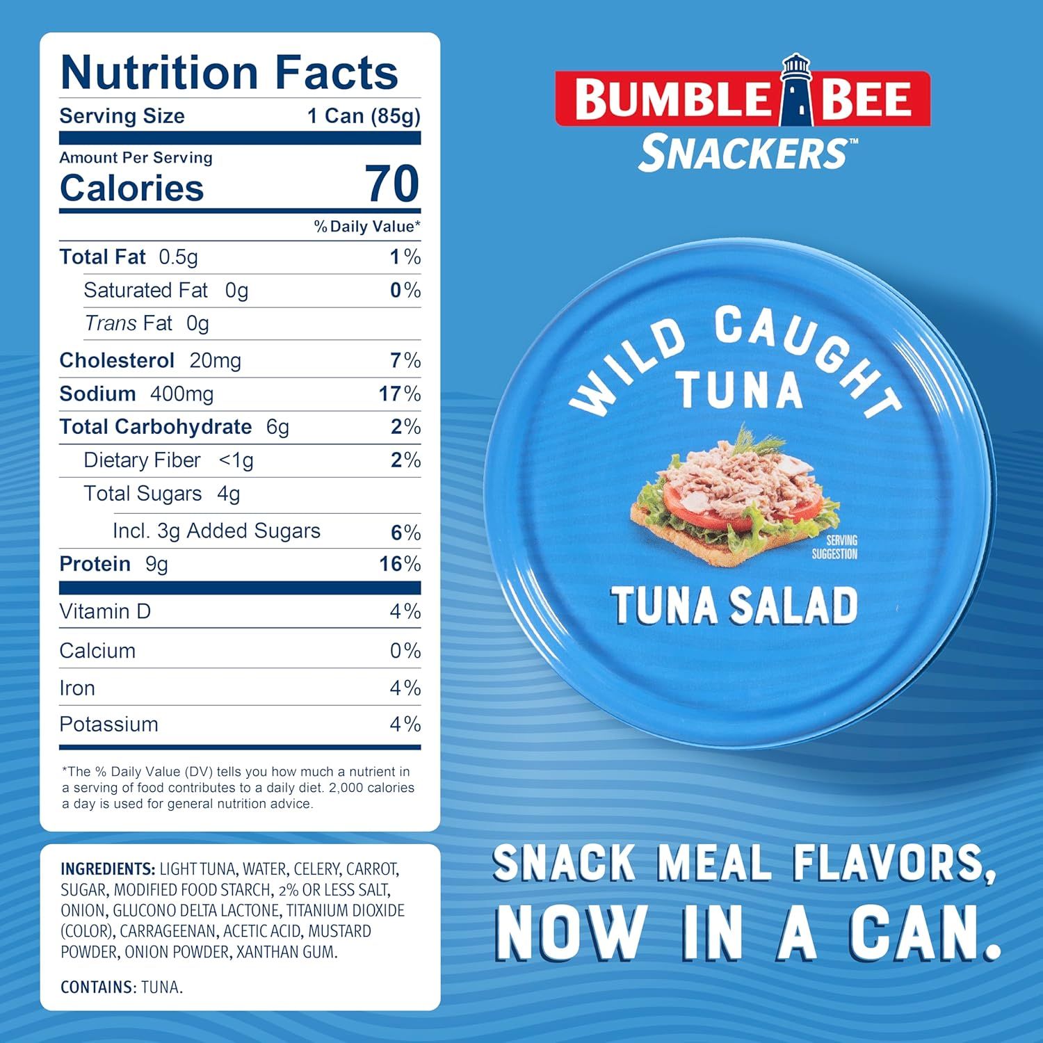 Provides comprehensive product information including detailed nutrition facts, ingredients list, and product packaging to help shoppers make informed purchasing decisions about the Bumble Bee…