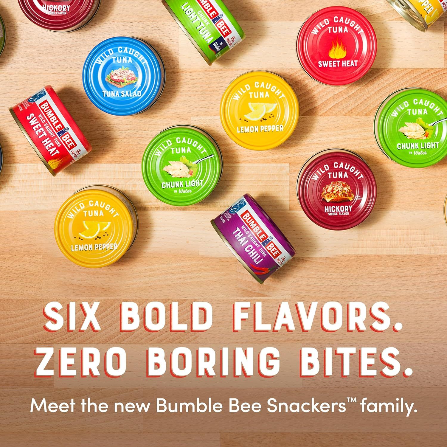 Introduces the Bumble Bee Snackers product family by showcasing six different flavor options, helping shoppers understand the brand's variety and choose their preferred flavor.