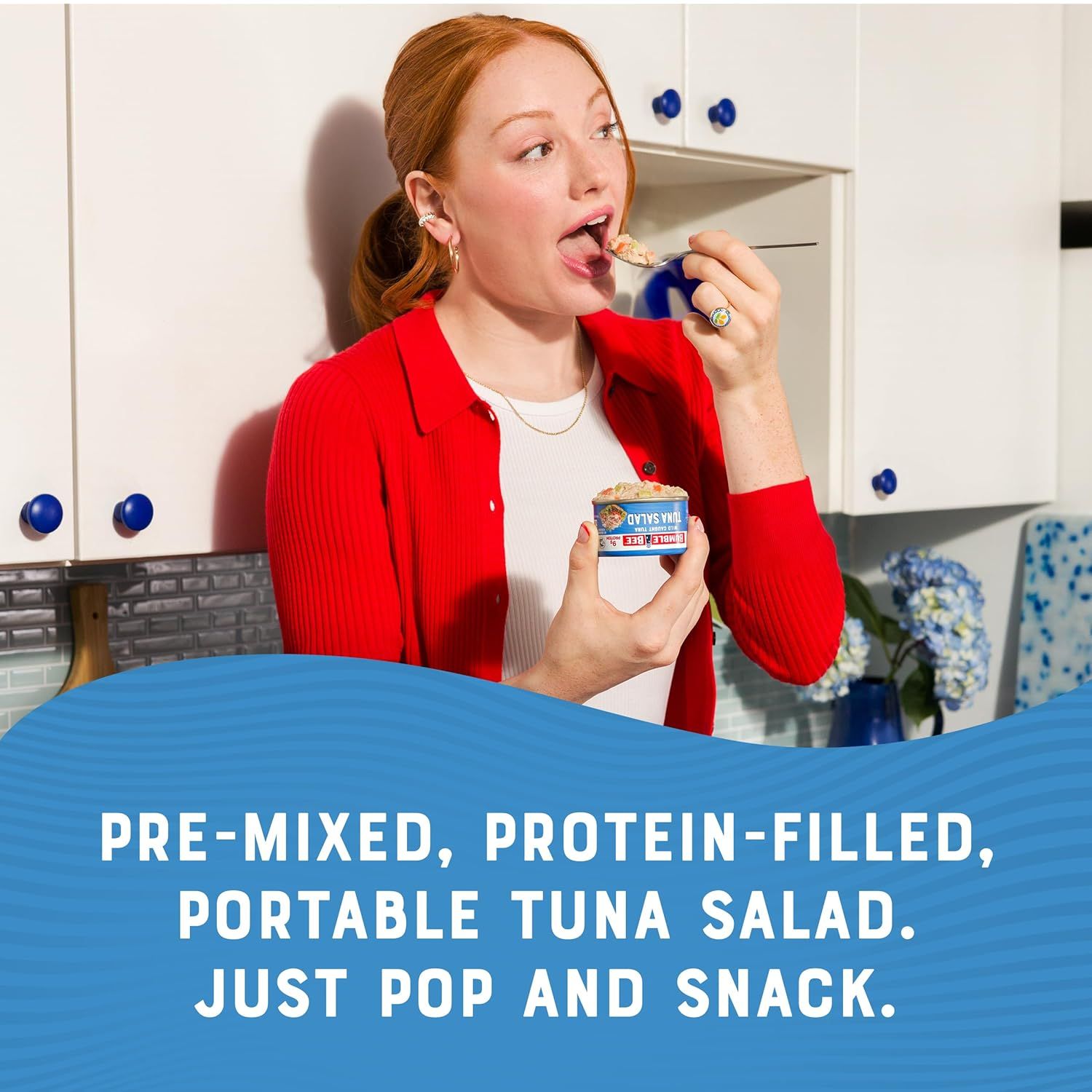 Communicates that the tuna salad is pre-mixed, protein-rich, and convenient for on-the-go snacking with minimal preparation required.