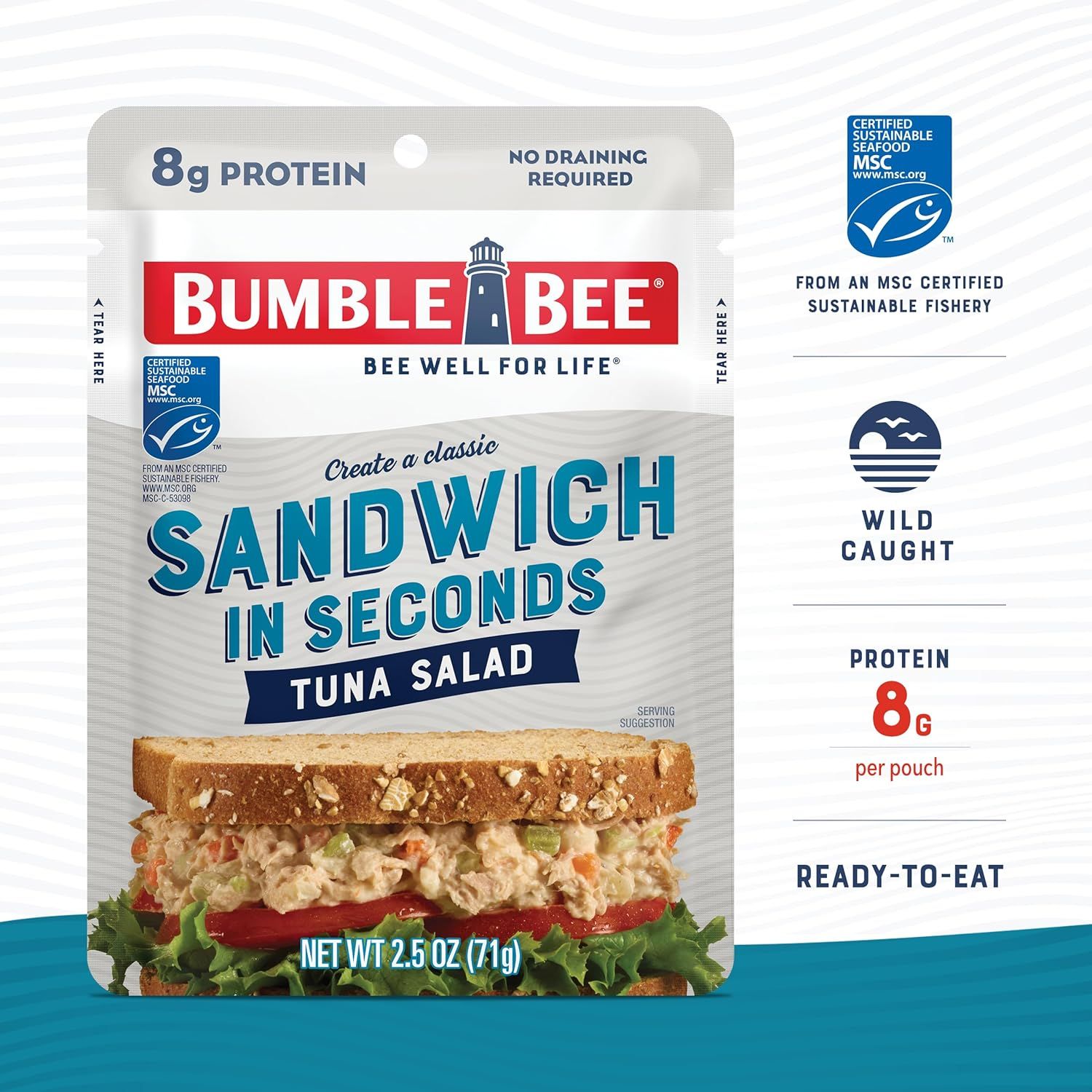 Communicates multiple key selling benefits including protein content, convenience (no draining, ready-to-eat), sustainability certification, and wild-caught sourcing to appeal to health-conscious…