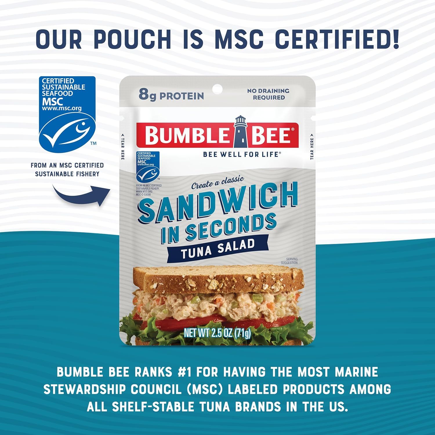Communicates that the product is certified by the Marine Stewardship Council for sustainable fishing practices, reassuring environmentally conscious shoppers and highlighting the brand's leadership…