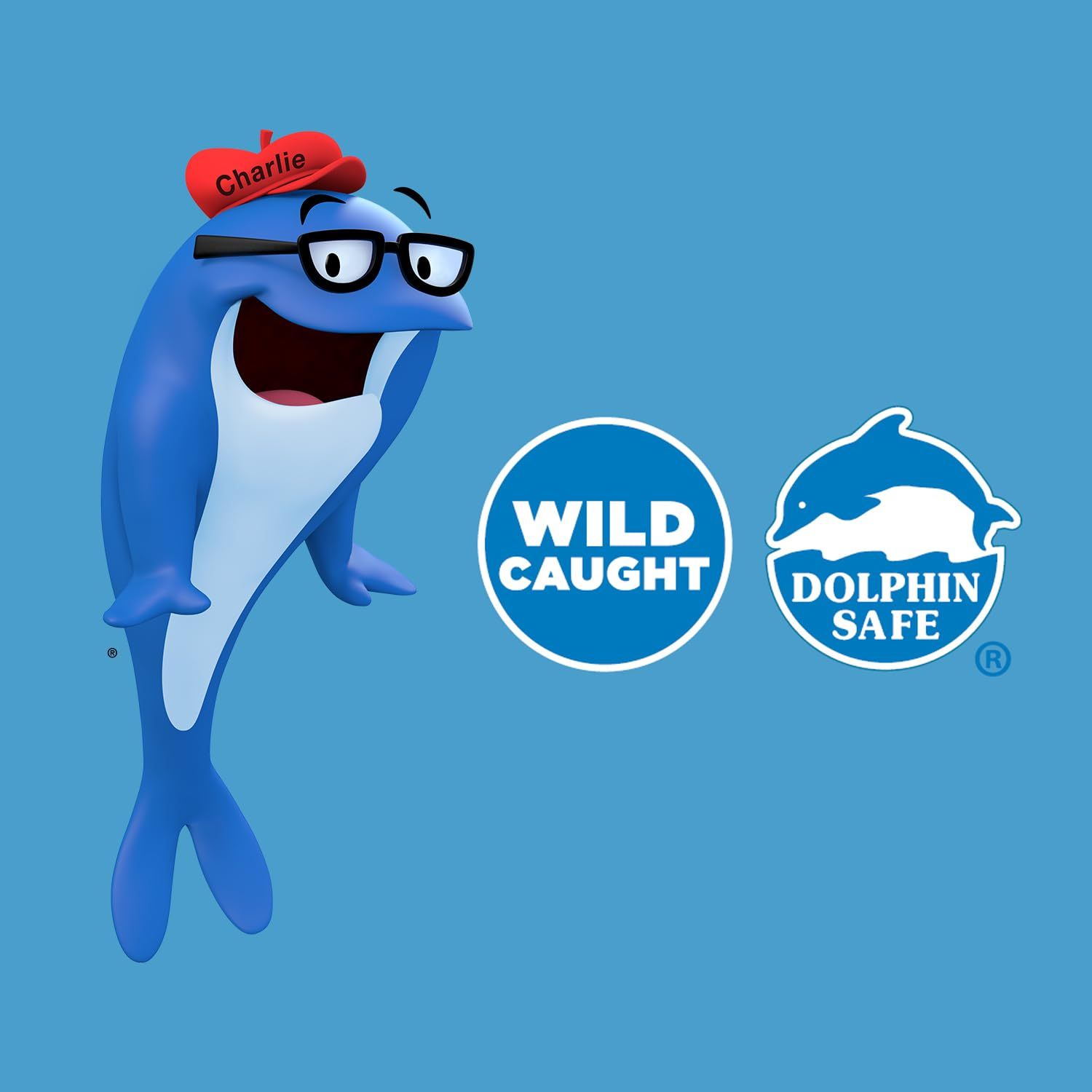 Communicates that the product is wild caught and certified dolphin safe, reassuring environmentally conscious shoppers about responsible sourcing and fishing practices.
