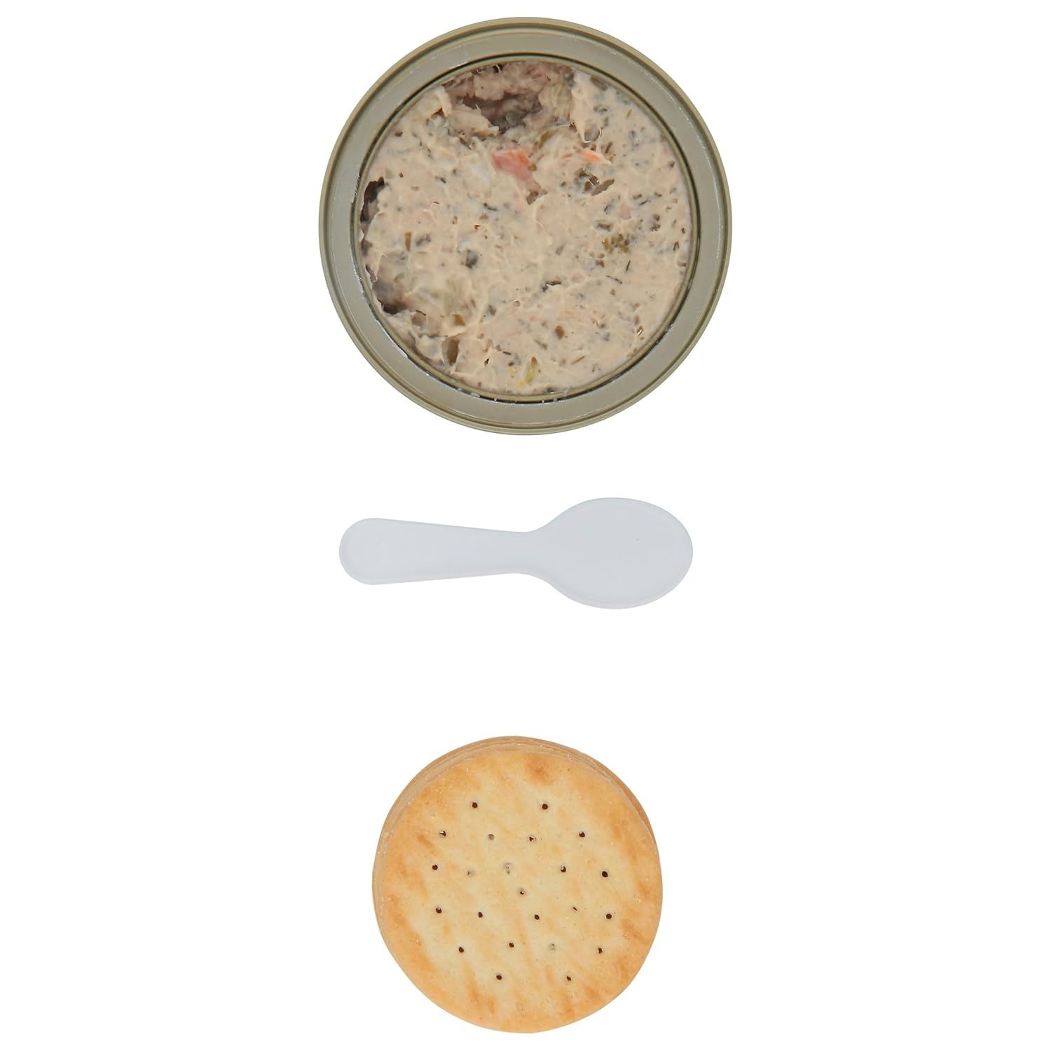 Shows the customer everything included in the purchase: the canned product, a serving spoon, and crackers for pairing or serving.