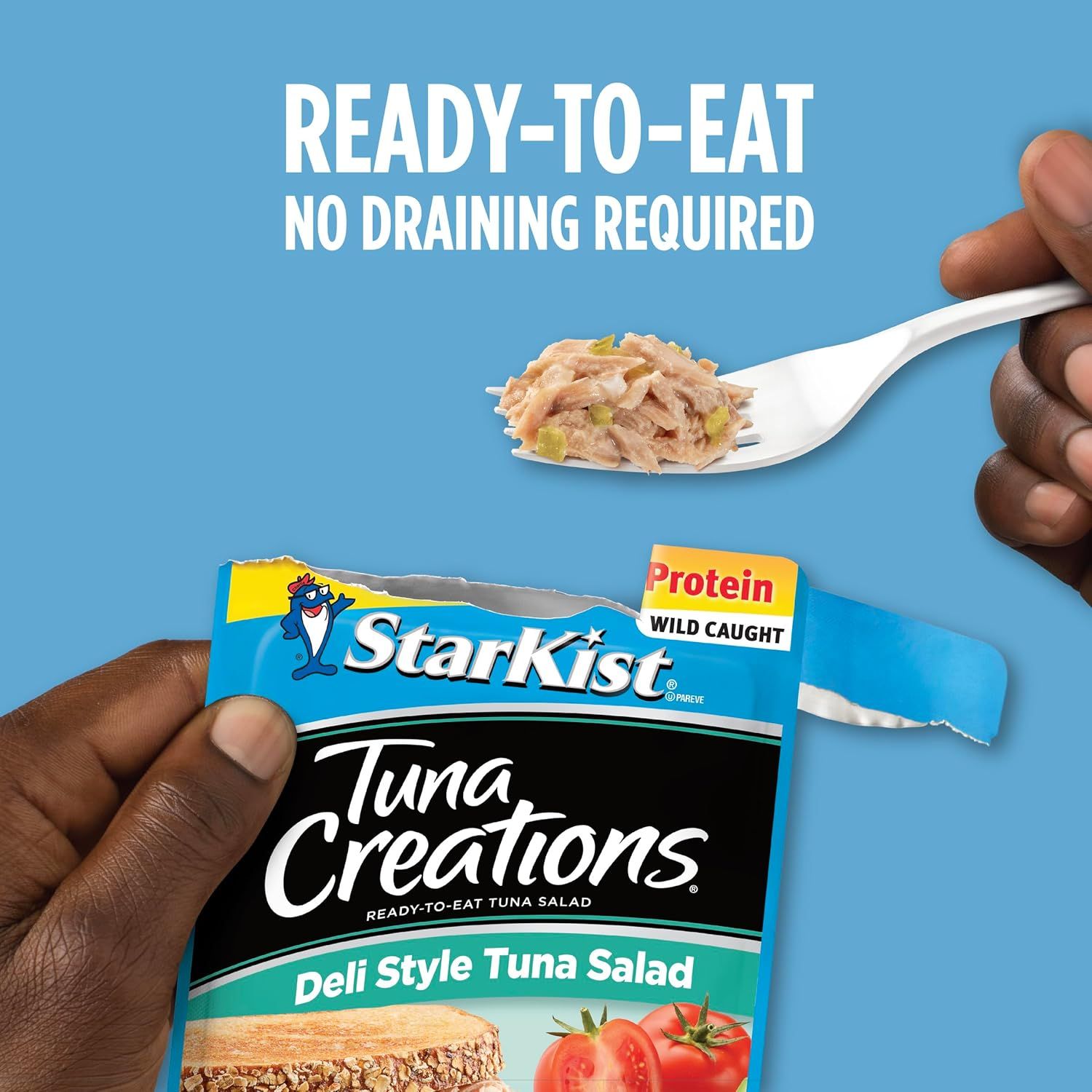 Communicates the convenience benefit of the product being ready to eat straight from the package without any preparation or draining, appealing to busy shoppers seeking quick meal solutions.