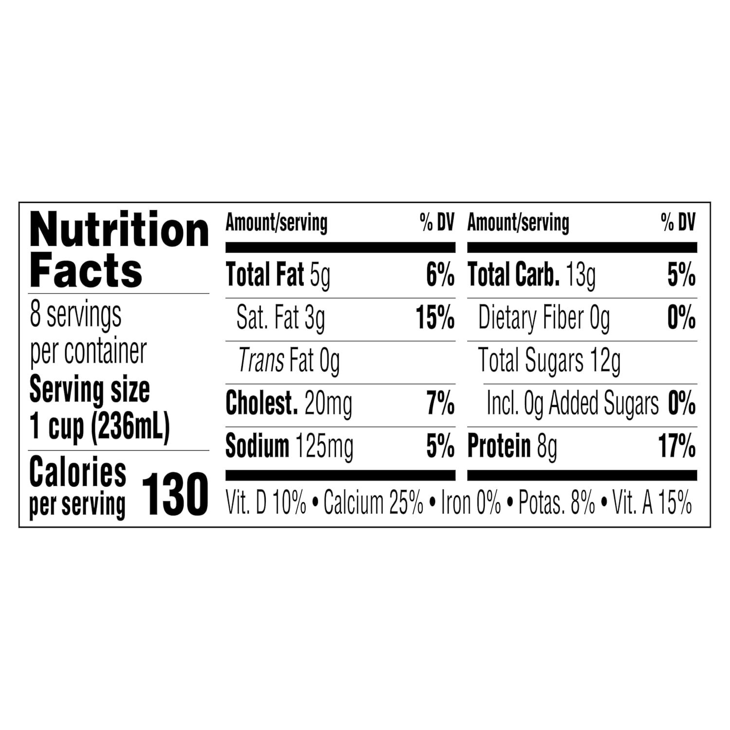 Provides detailed nutritional facts to inform shoppers about the product's calorie count, macronutrients, vitamins, and minerals per serving.