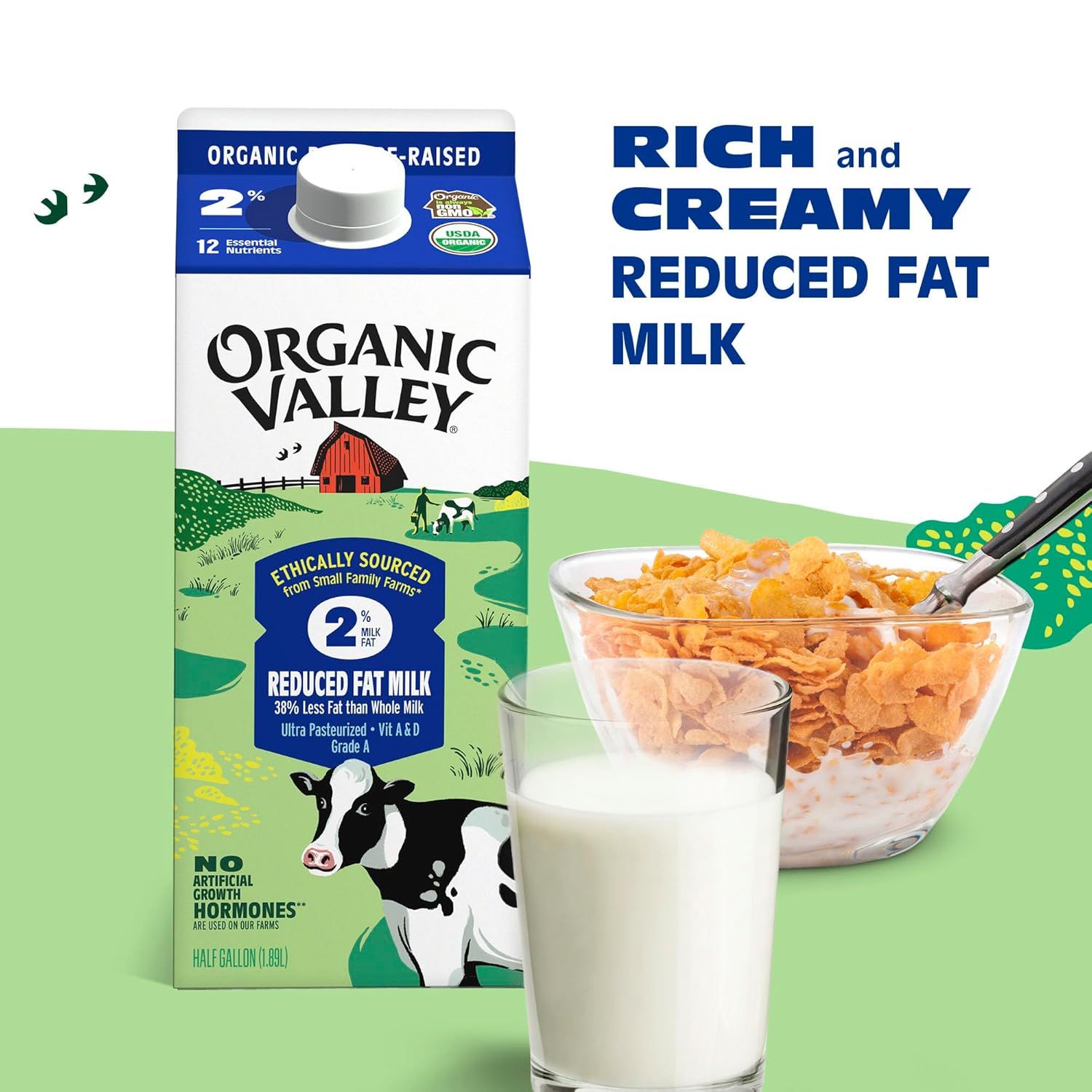 Communicates that the 2% reduced fat milk maintains a rich and creamy taste despite being lower in fat, reassuring shoppers they don't have to sacrifice flavor for a healthier option.