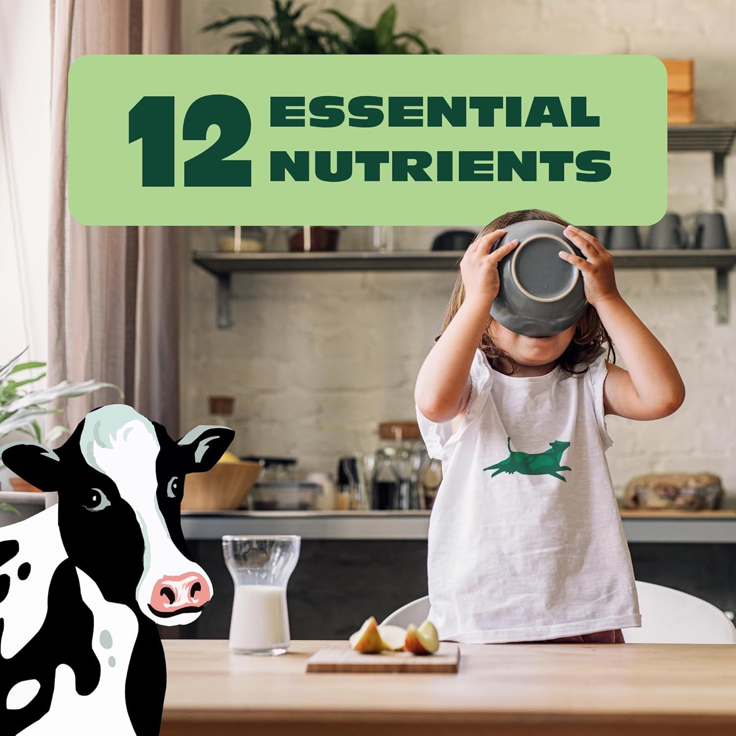 Communicates the nutritional value of the product by highlighting that it contains 12 essential nutrients, reassuring parents about the health benefits for their children. Emphasizes the…