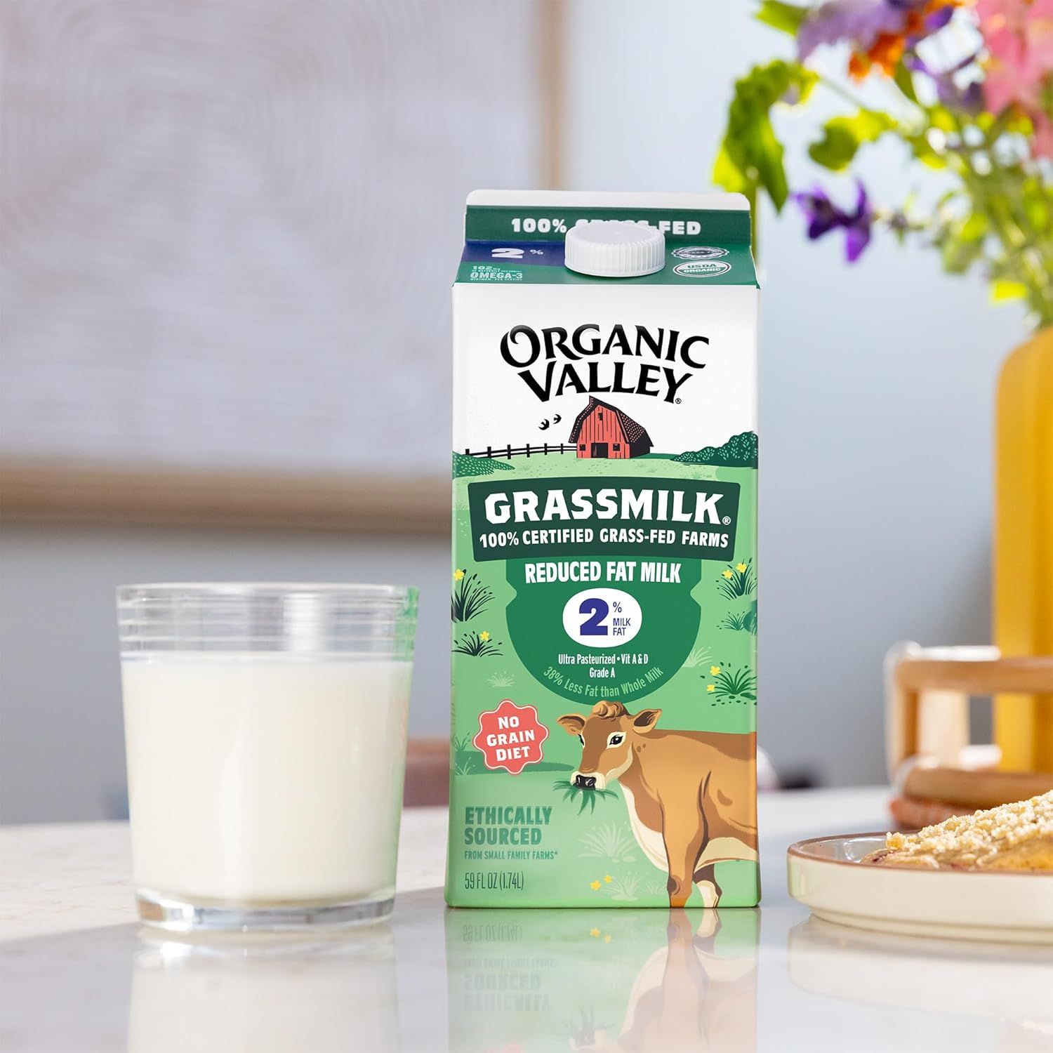 Showcases the product in a real-world home environment to help shoppers visualize the milk as part of their daily routine and lifestyle.