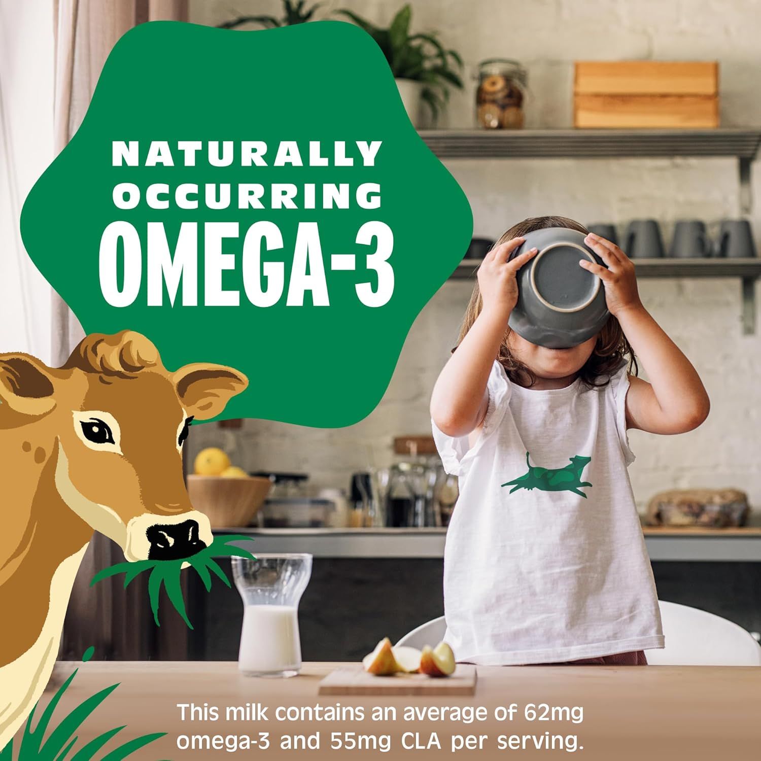 Communicates the specific nutritional content of the milk (62mg omega-3 and 55mg CLA per serving) to highlight its health benefits and naturally occurring nutrients. Emphasizes that the milk…