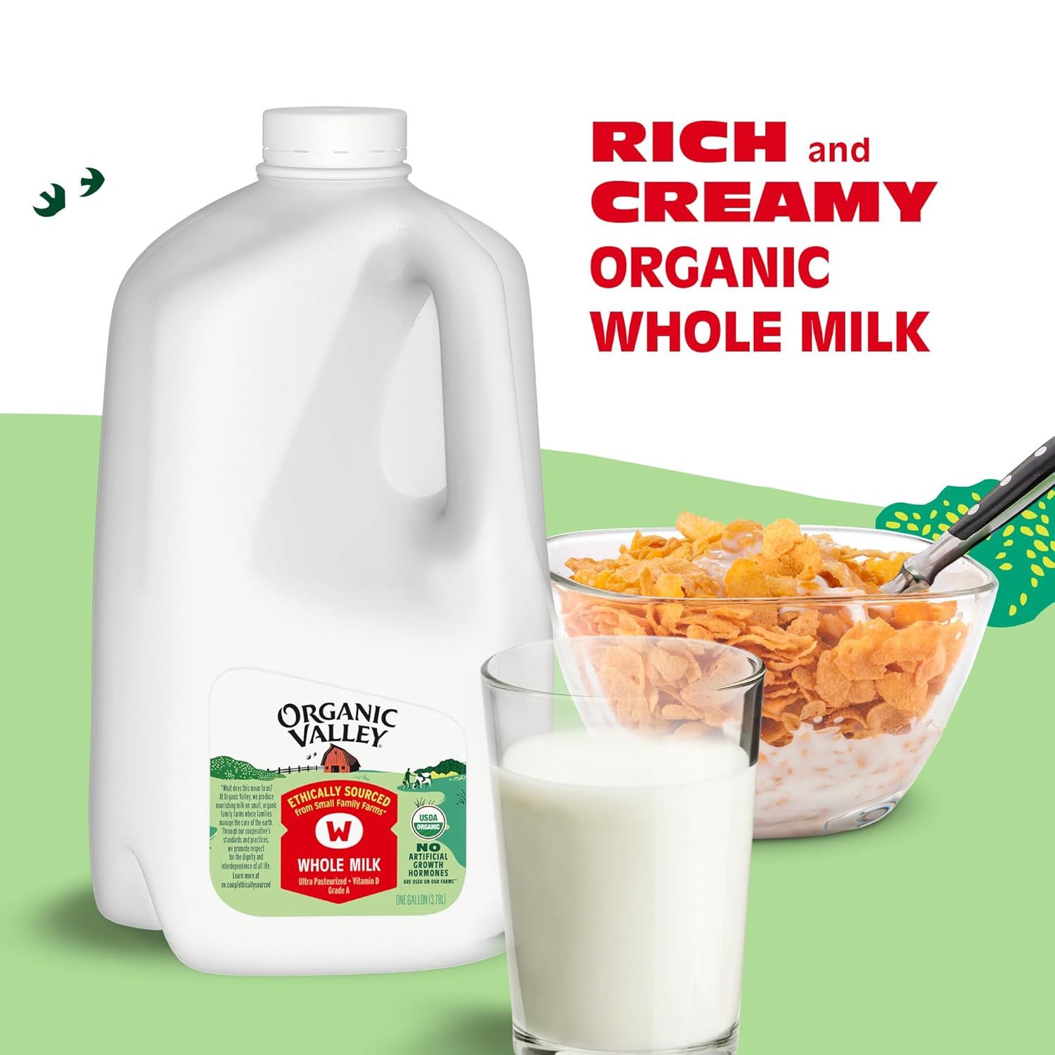 Communicates the premium quality and rich, creamy texture of the organic whole milk to appeal to shoppers seeking a superior taste experience.