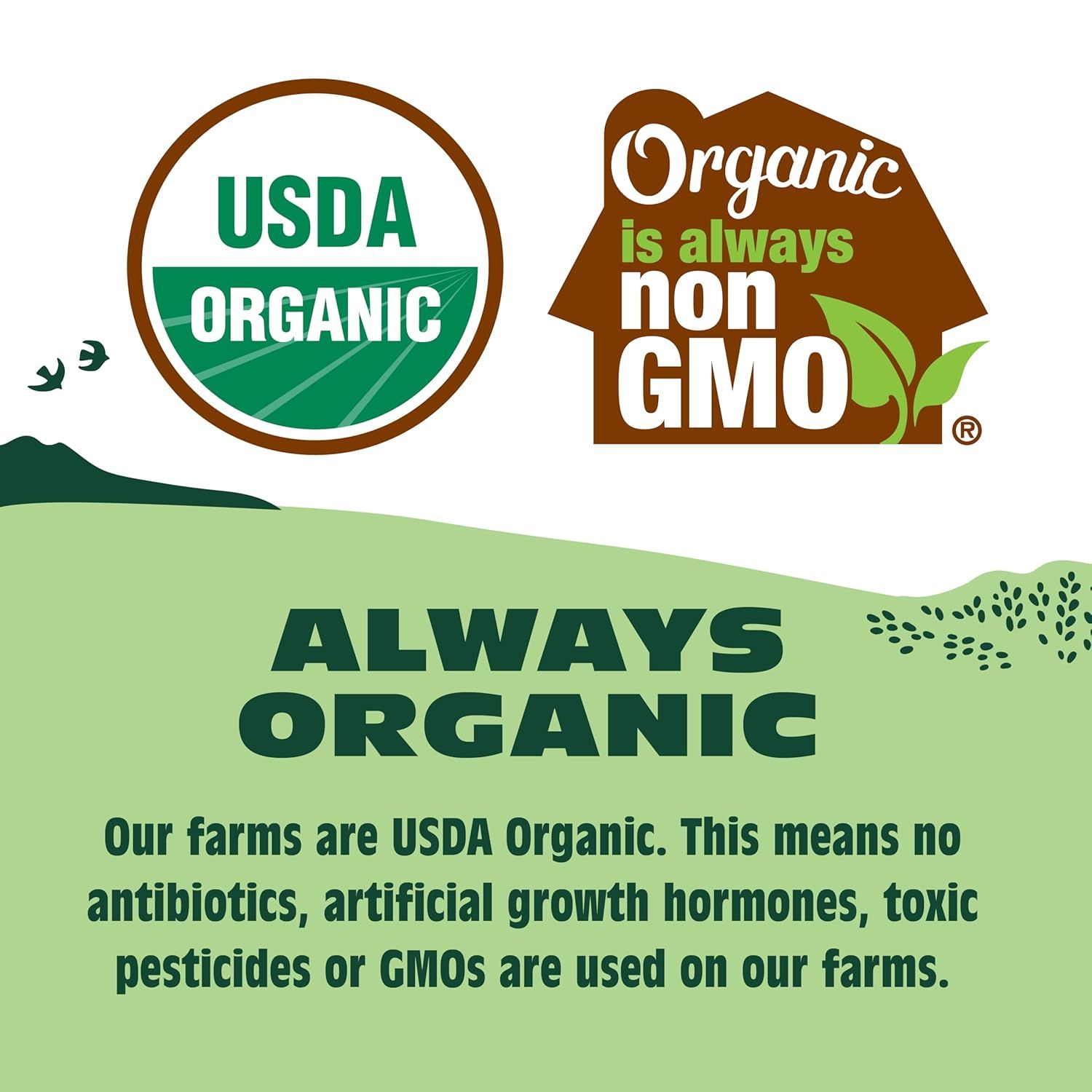 Communicates that the product is USDA Organic certified and non-GMO, reassuring shoppers about the environmental responsibility and safety of the farming practices used.
