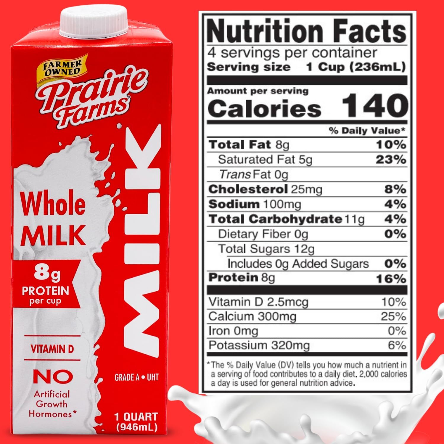 Communicates multiple nutritional benefits and product attributes to help shoppers understand the health value and quality of the whole milk product.