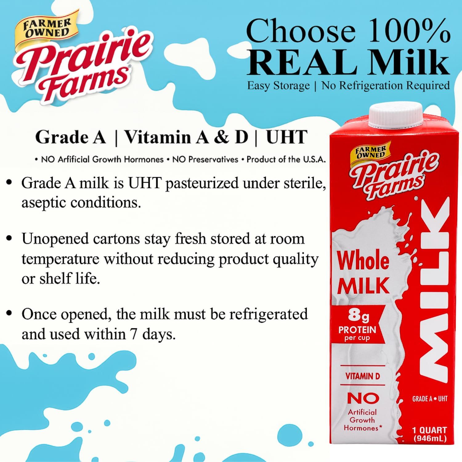 Communicates multiple key benefits of the milk product including its real milk quality, shelf-stable convenience, nutritional value, and clean ingredient profile to reassure shoppers about product…