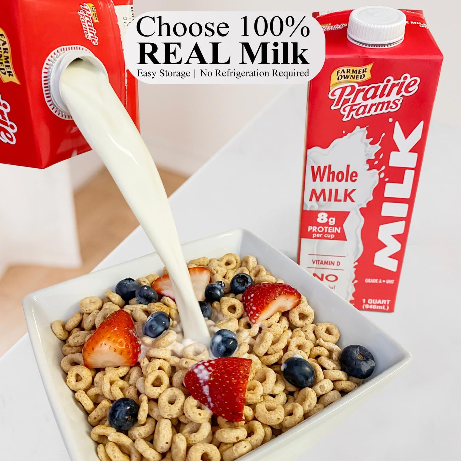 Communicates that the product is made with 100% real milk and offers convenient storage without refrigeration, reassuring shoppers about quality and ease of use.