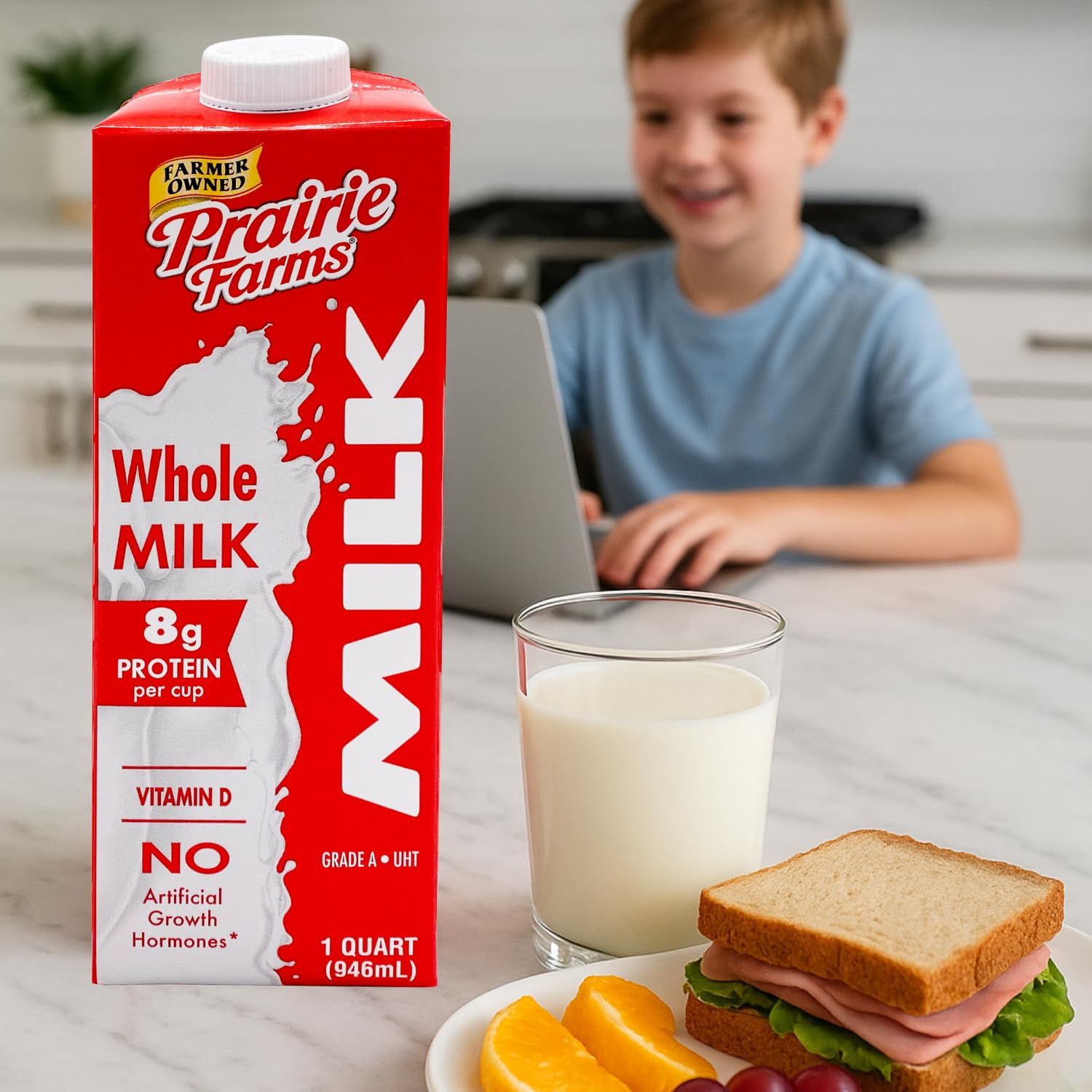 Shows the product in a natural home kitchen setting with a child in the background, demonstrating the product as part of a wholesome family meal to create emotional connection and relatability.