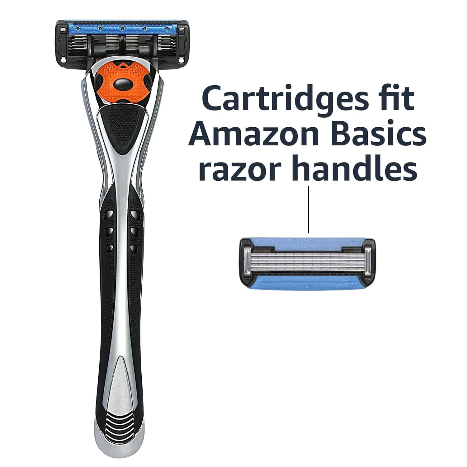 Communicates that these replacement cartridges are compatible with Amazon Basics razor handles, reassuring shoppers about product fit and interchangeability. Communicates that these replacement…