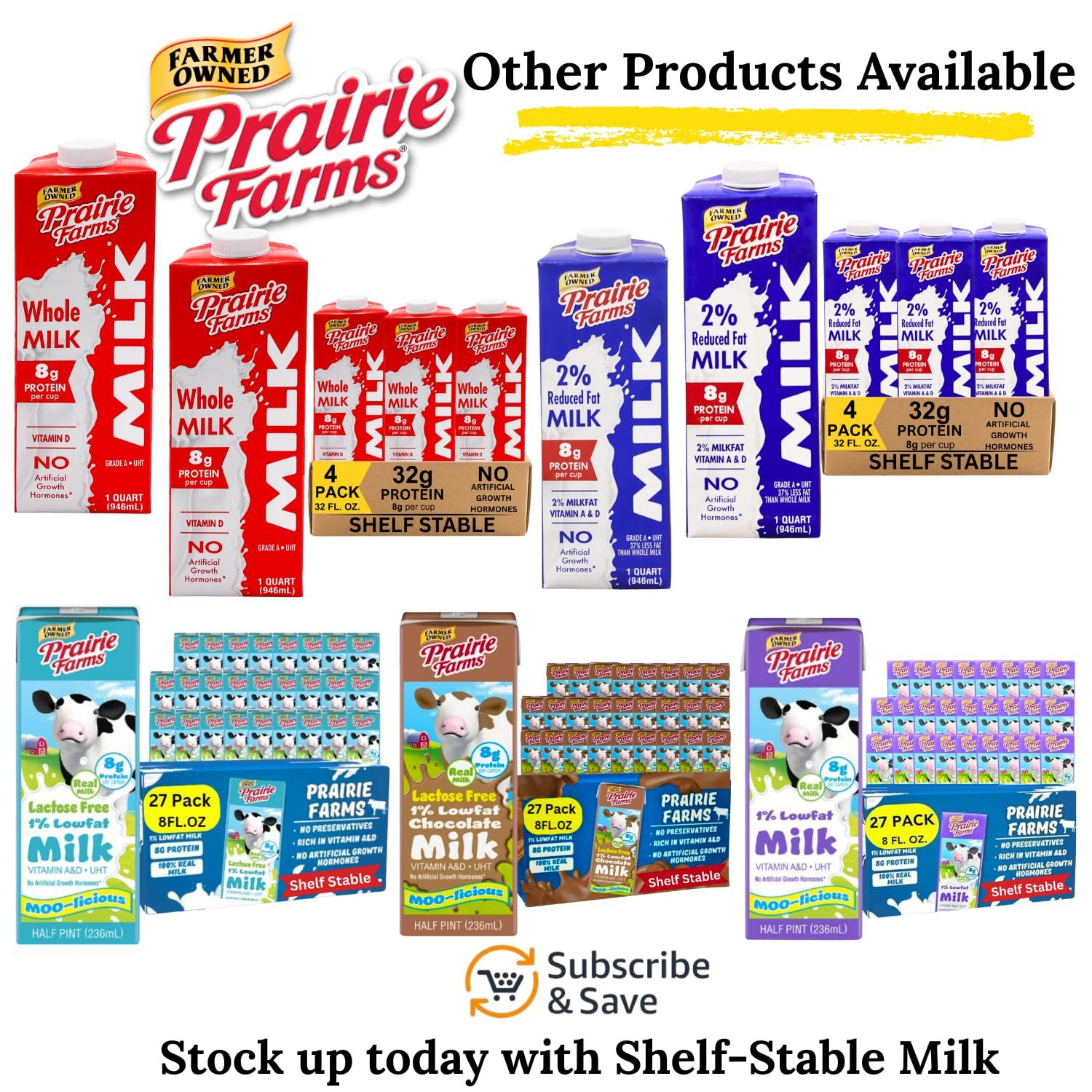 Displays the full range of Prairie Farms milk products available (whole milk, 2% milk, lactose-free options, various pack sizes) to help shoppers understand the brand's complete product portfolio…