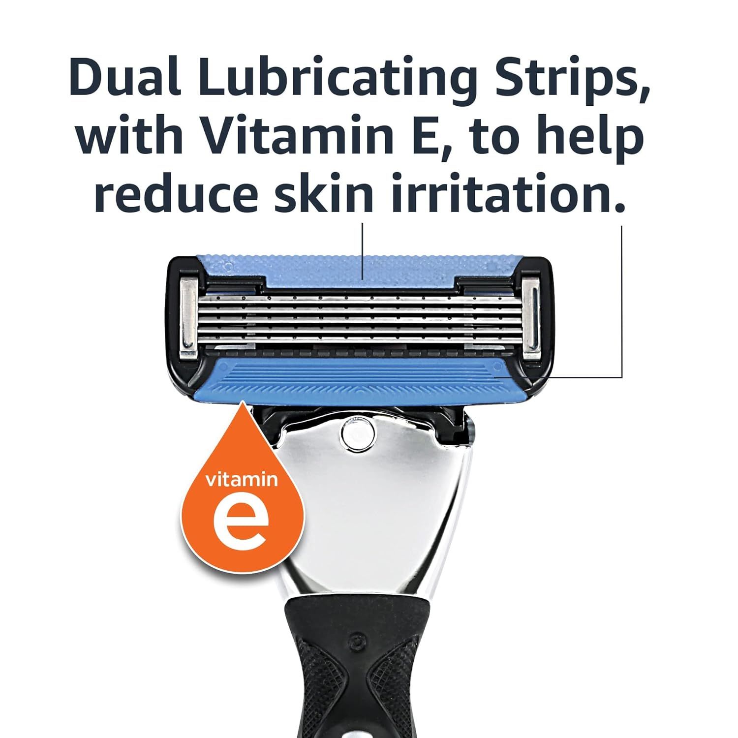 Highlights the physical components of the razor blade, specifically the dual lubricating strips with Vitamin E, to communicate the product's skin-soothing and irritation-reducing features.…