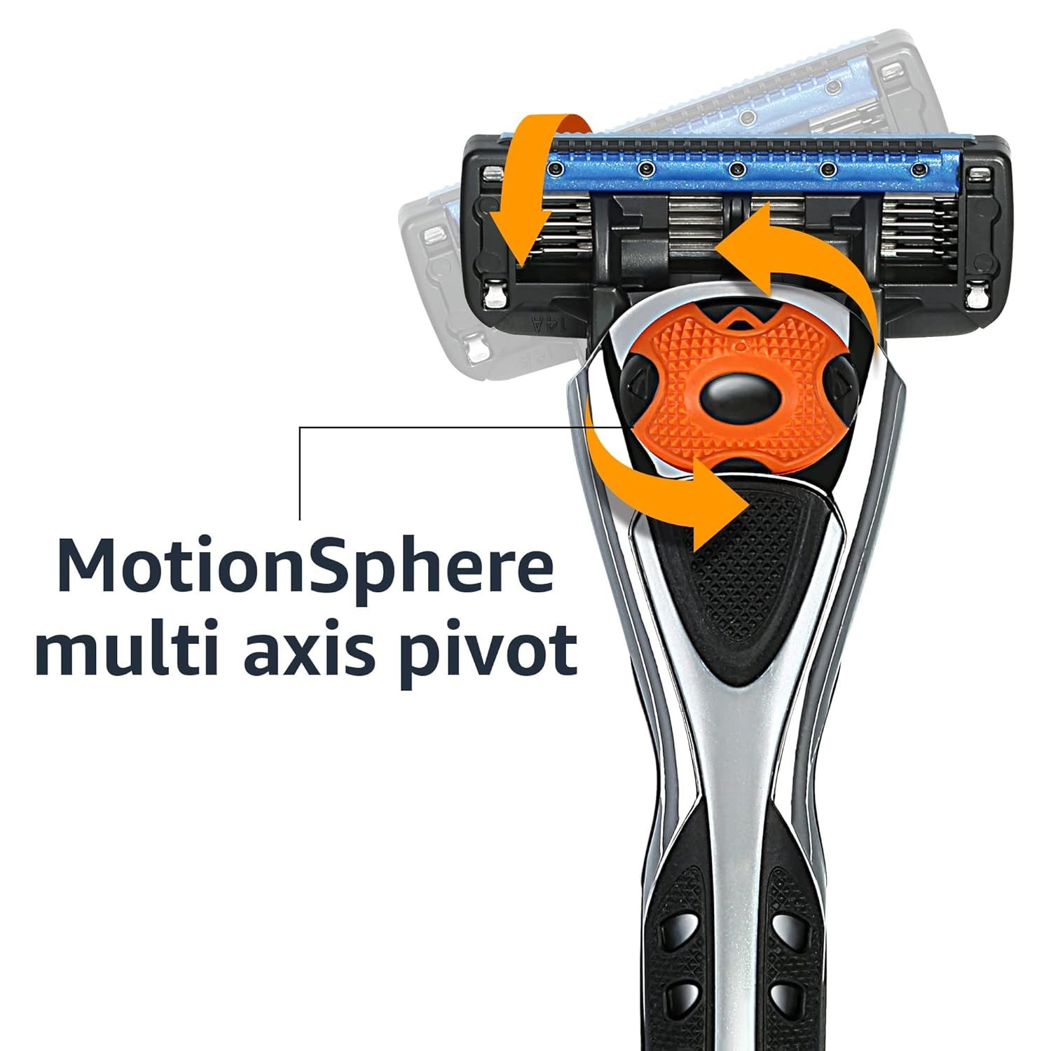 Highlights the razor's pivoting mechanism to show how the head moves flexibly for better shaving coverage and comfort. Communicates the key benefit of the flexible pivot system that adapts to facial…