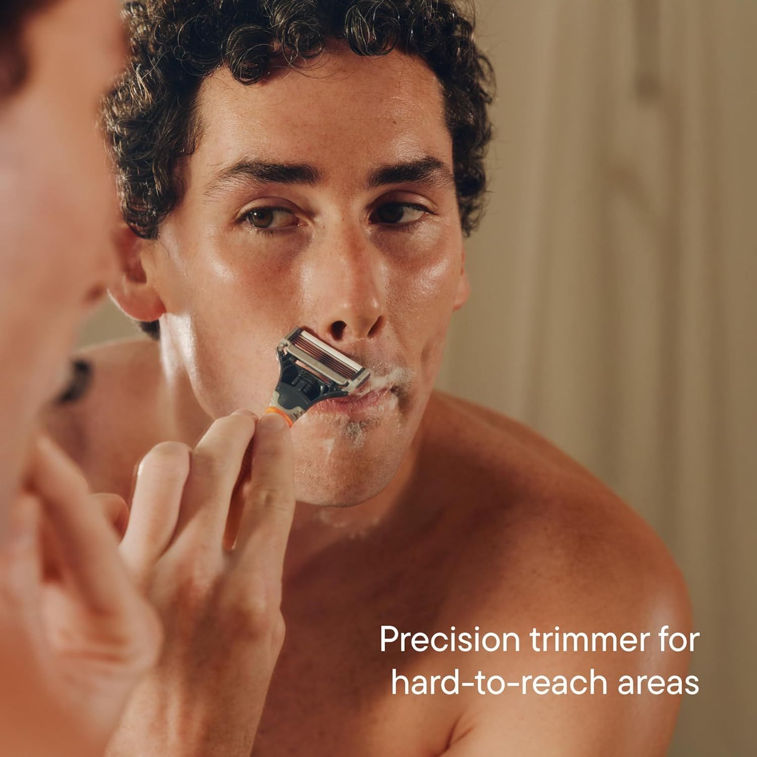Demonstrates the product's precision trimming capability for difficult facial areas, showing the product in real-world use to reassure shoppers of its effectiveness and ease of use.