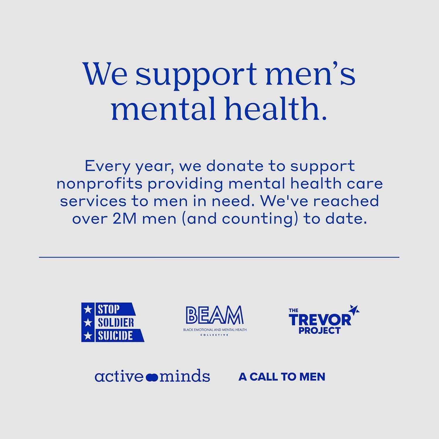 Communicates the brand's commitment to men's mental health through nonprofit partnerships and charitable donations, building emotional trust and brand values alignment with socially conscious…