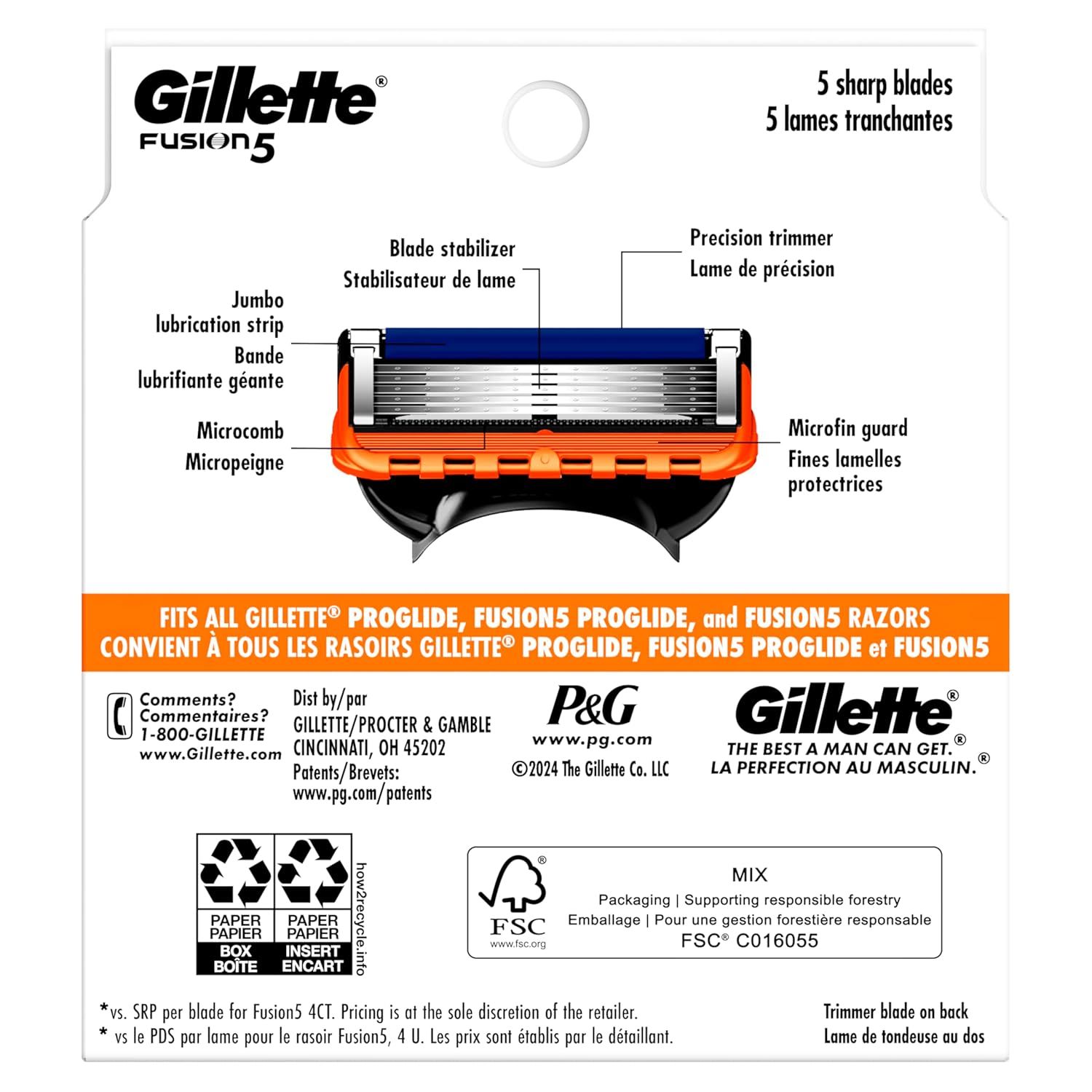 This image breaks down the physical components of the Gillette Fusion5 razor blade to educate shoppers on the product's construction and technical features.