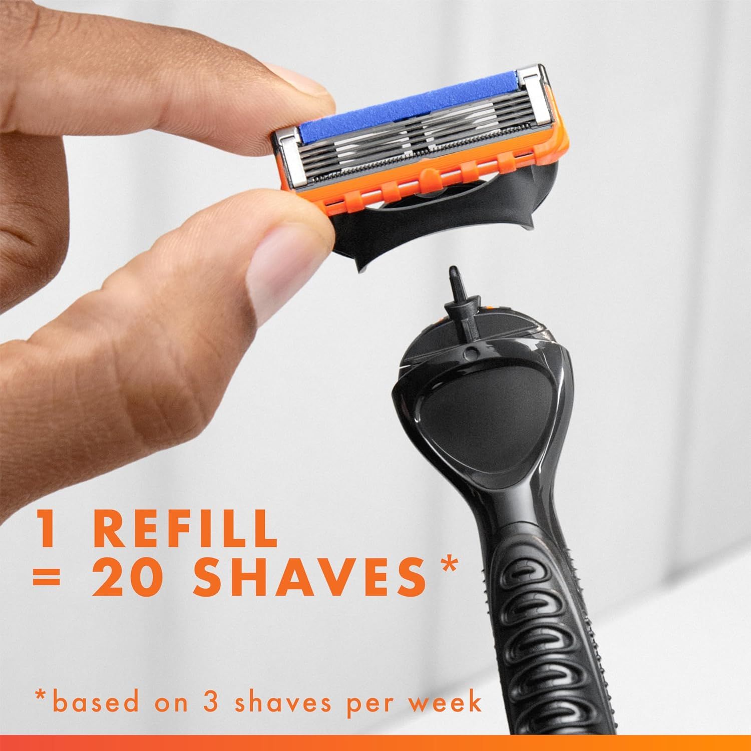Communicates the value proposition that one refill cartridge lasts for 20 shaves, helping shoppers understand the product's longevity and cost-effectiveness. Reinforces the benefit of extended use…