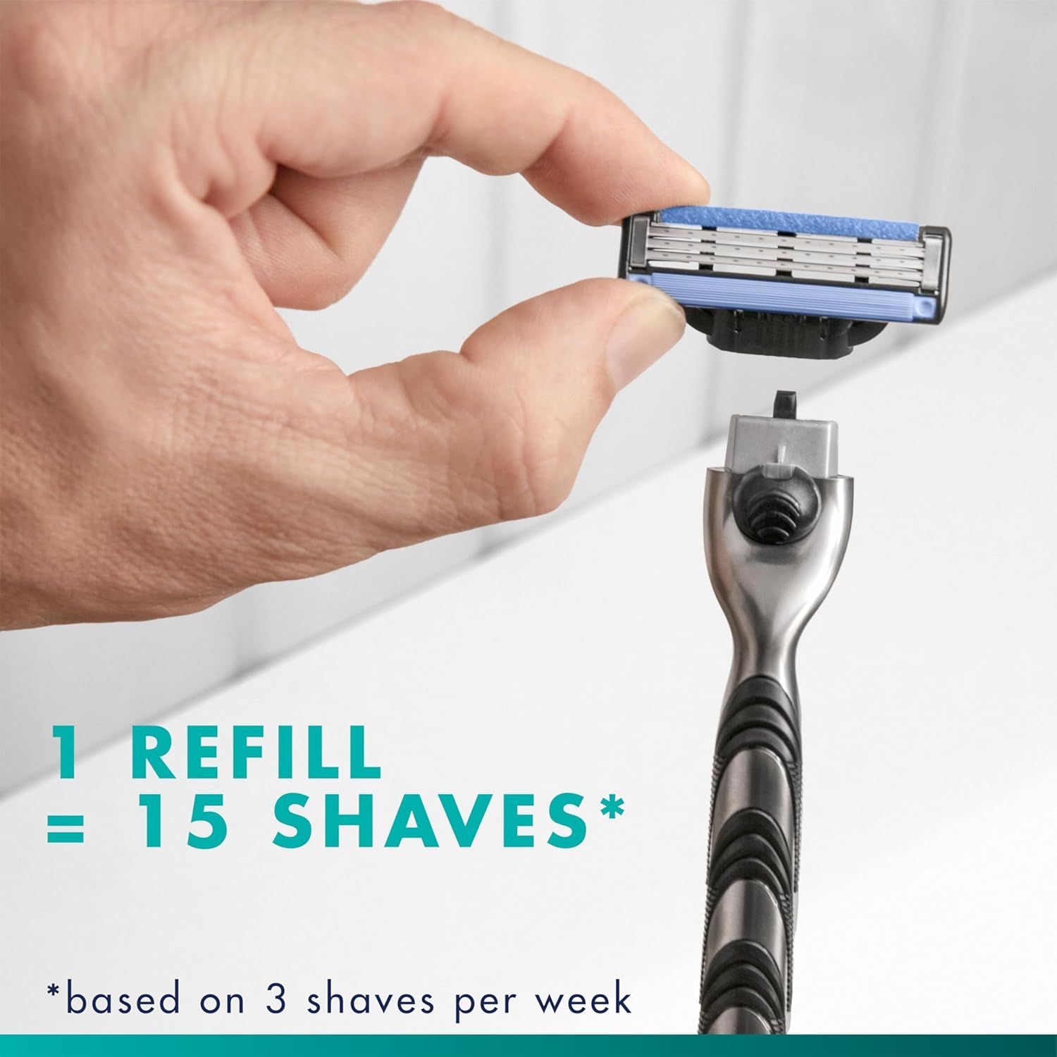 Communicates the efficiency and value of the razor refill by quantifying how many shaves a customer gets from one cartridge, helping shoppers understand cost-effectiveness. Reinforces the value…