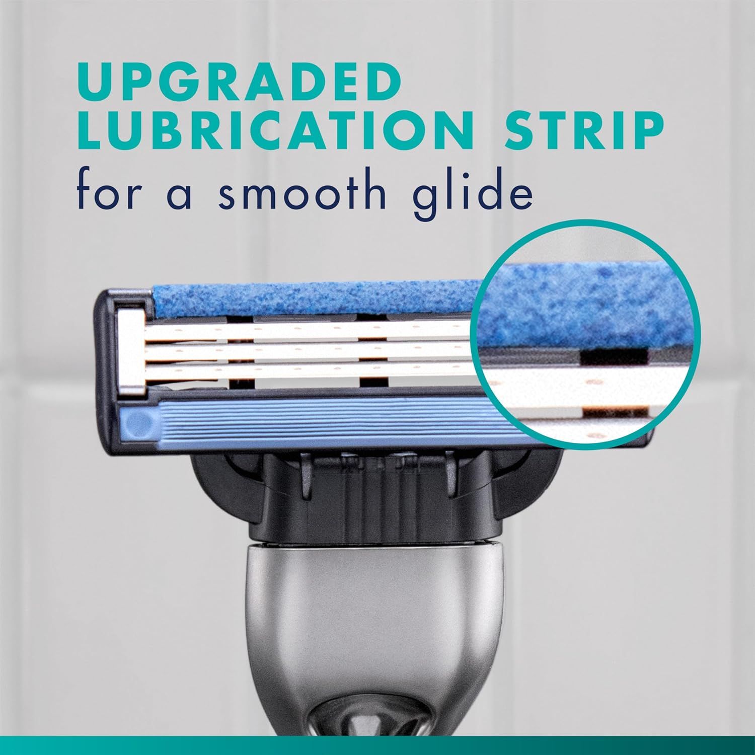Highlights the upgraded lubrication strip feature of the razor to communicate improved shaving comfort and smooth glide performance. Communicates the benefit of a smooth, comfortable shaving…