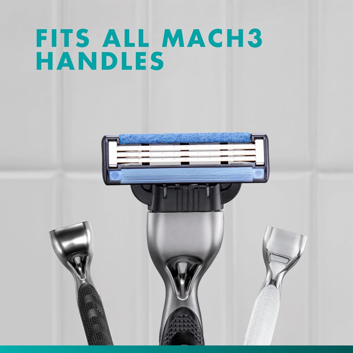 Communicates that this razor cartridge is compatible with all Mach3 handles, reassuring shoppers about interchangeability and versatility. Highlights the key benefit of universal compatibility with…