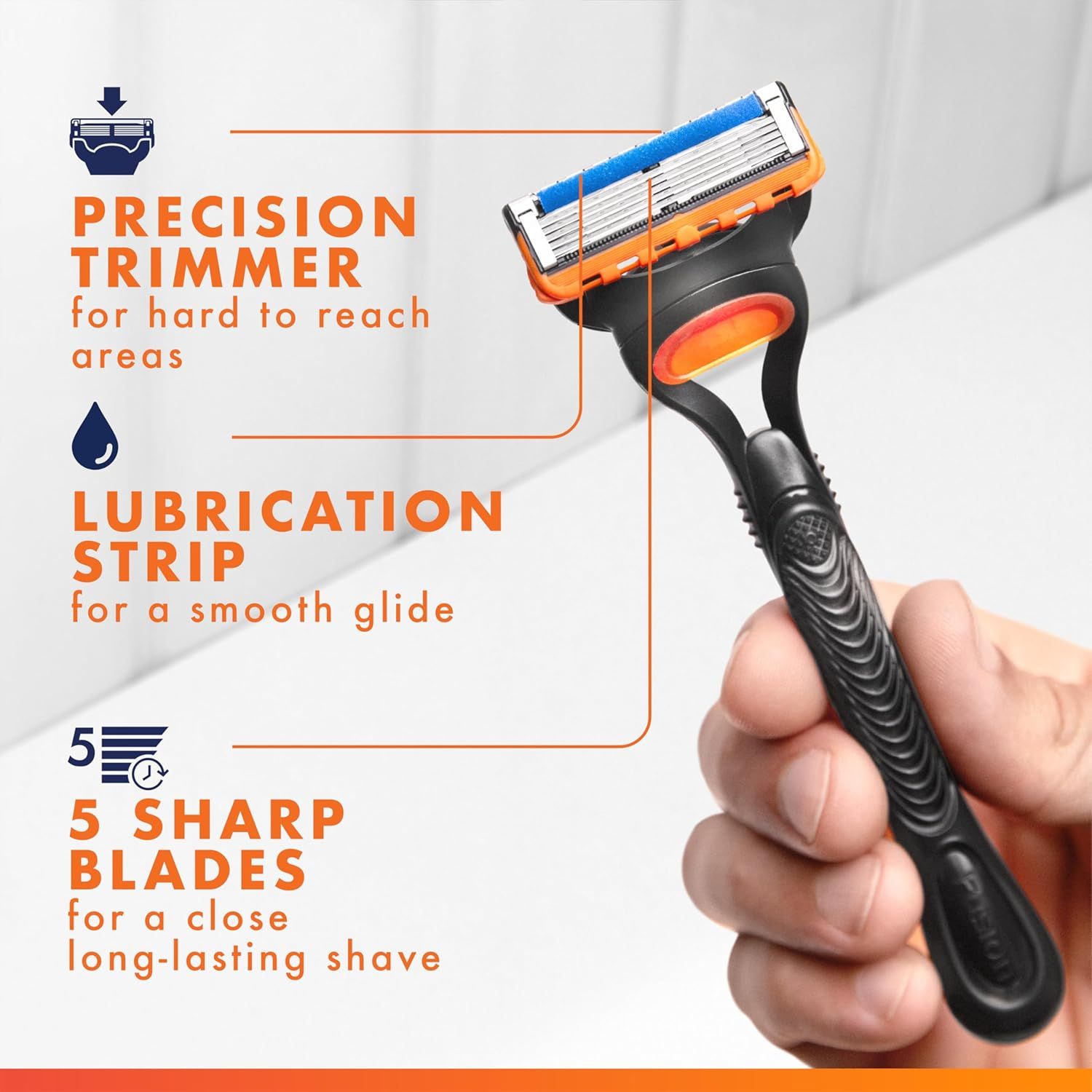 Breaks down the razor's key physical components with callout lines to educate shoppers on the product's construction and what each part does. Highlights three distinct selling benefits in a…