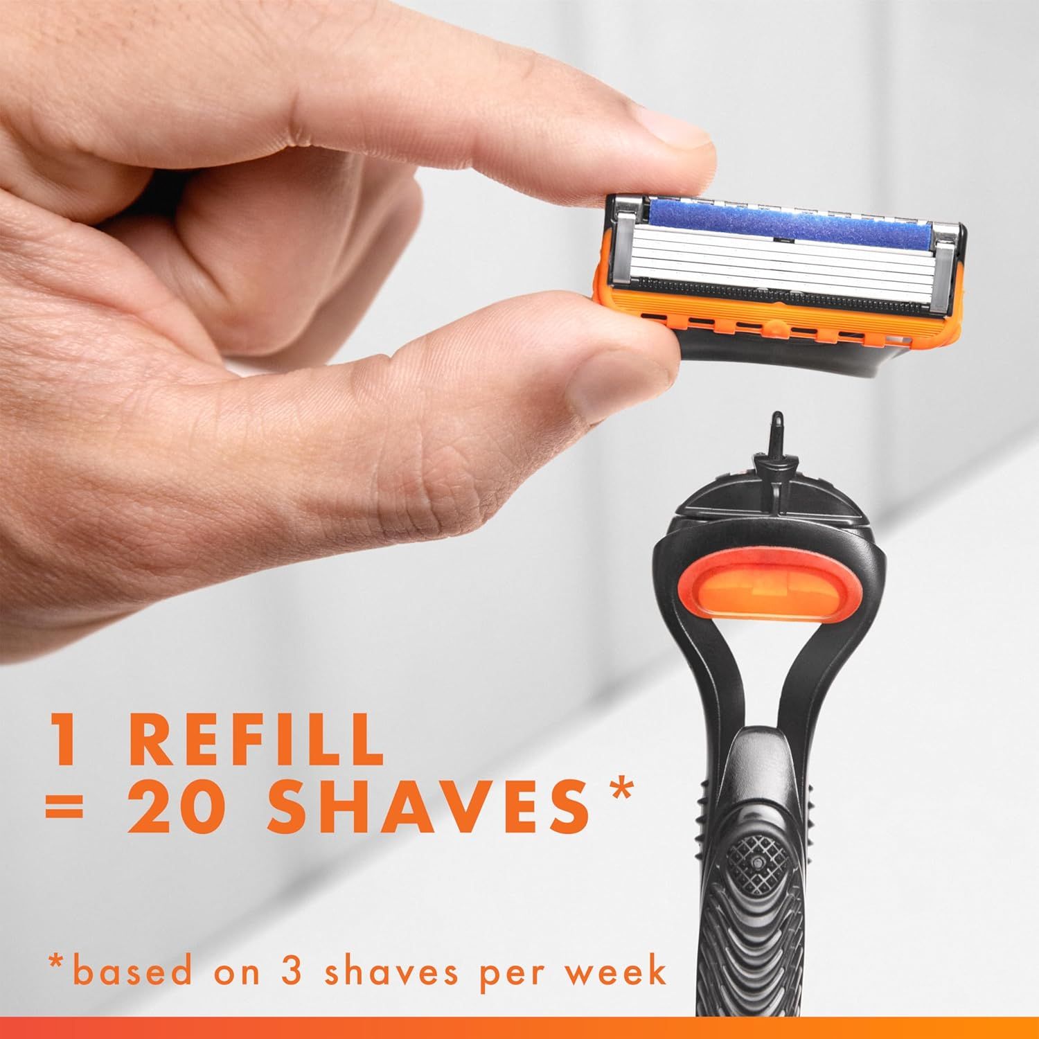 Communicates the value and longevity of the razor refill by quantifying how many shaves a customer can expect from one cartridge, helping shoppers understand cost-per-use efficiency. Reinforces the…